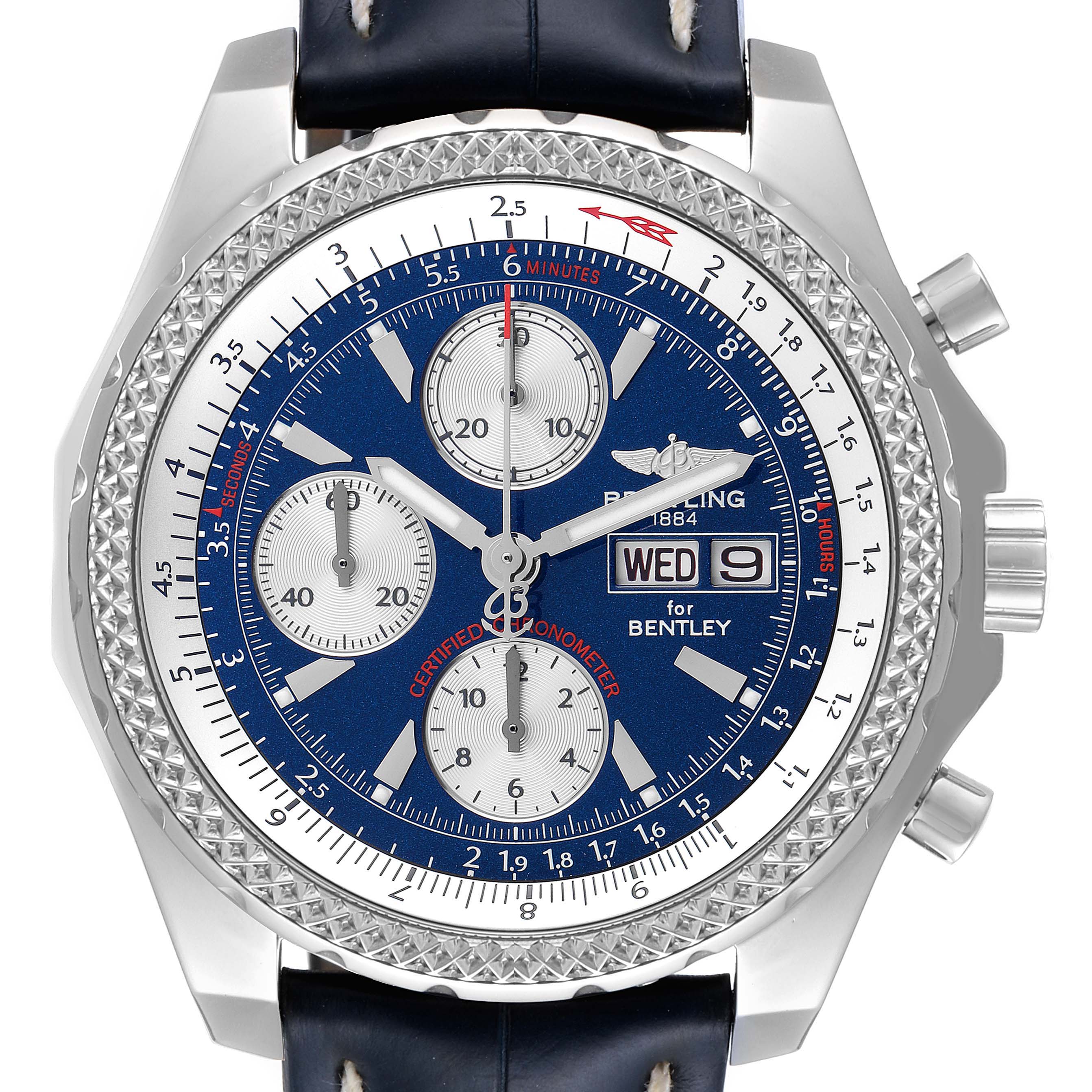 The image shows a front view of the Bentley model watch by Breitling, highlighting the dial, bezel, and pushers.