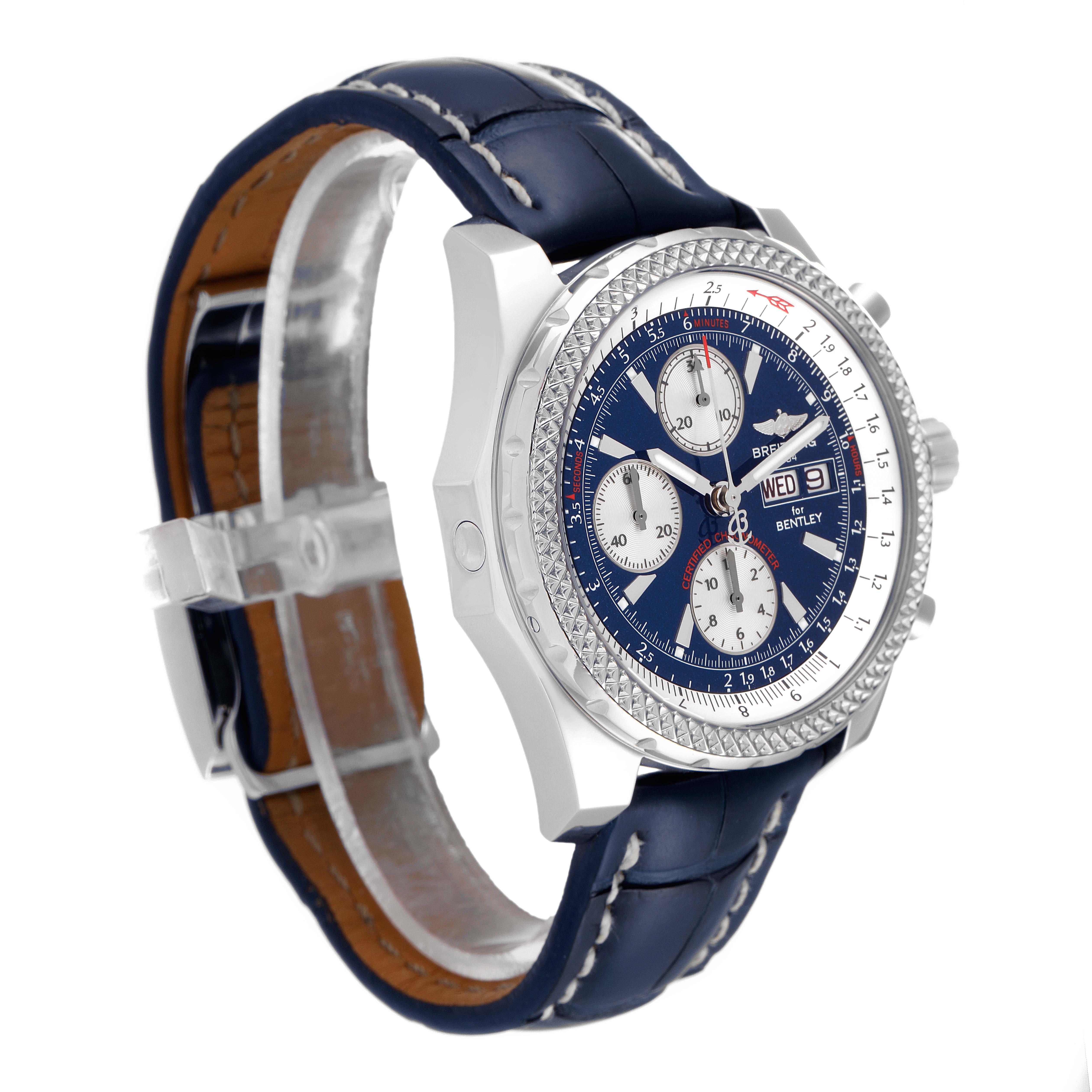 The Bentley model by Breitling watch is shown at a slight angle, highlighting the blue face, steel case, and leather strap.