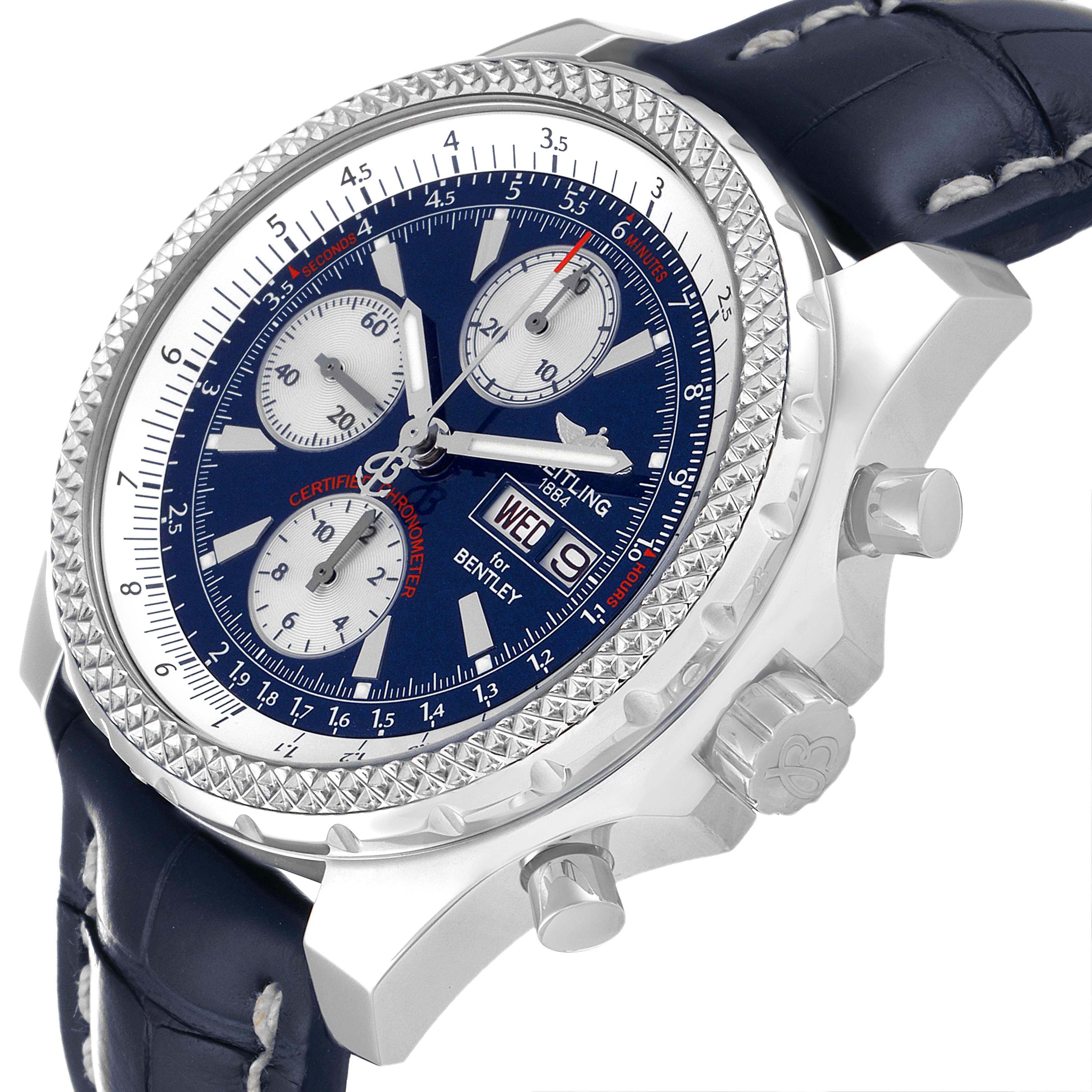 This image shows a Breitling Bentley A13362 Men's Stainless Steel Blue Dial A13362 Men's Stainless Steel Blue Dial watch at an oblique angle, highlighting the dial, bezel, subdials, and pushers.