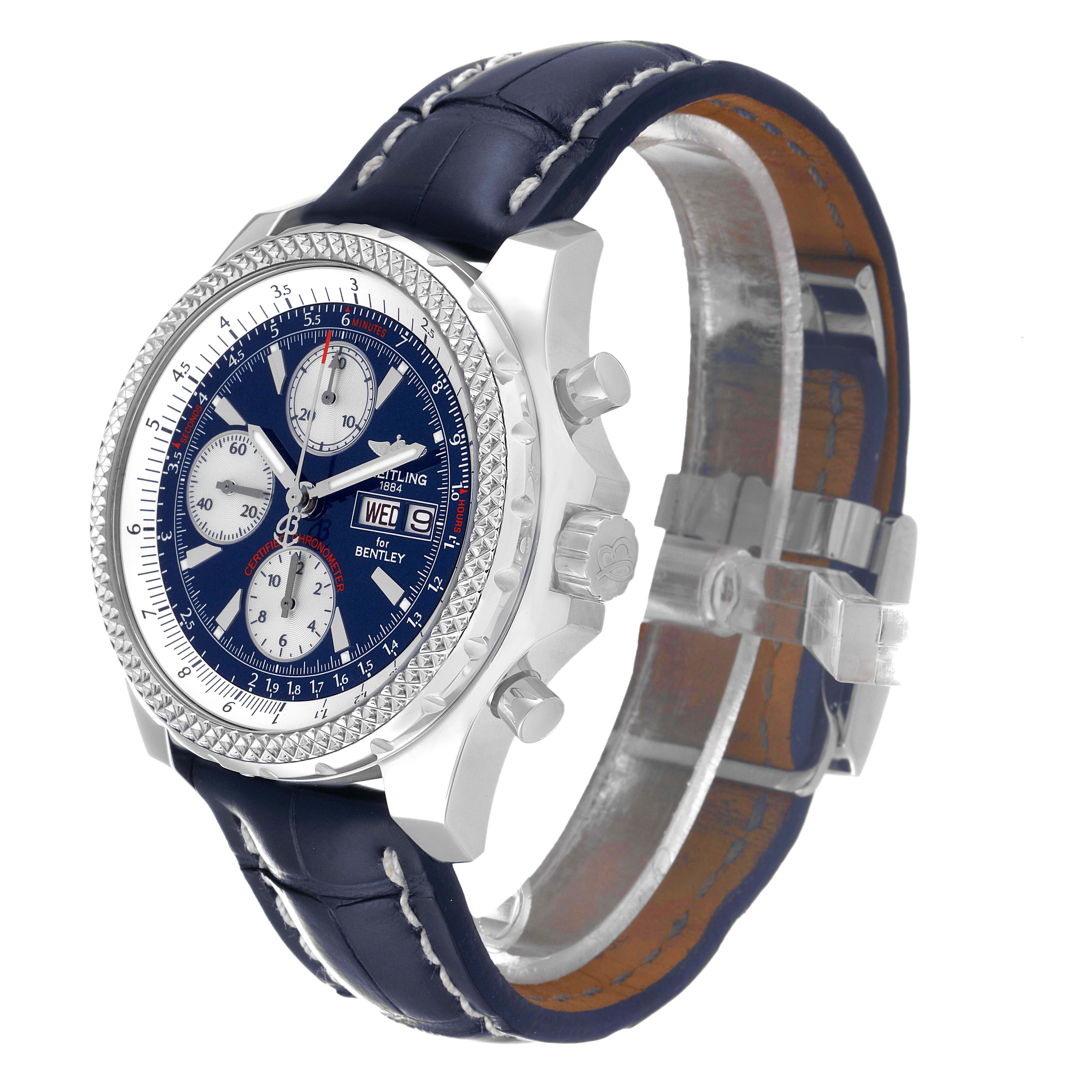 This image shows a side-angle view of a Breitling Bentley A13362 Men's Stainless Steel Blue Dial A13362 Men's Stainless Steel Blue Dial watch, highlighting the face, dial, and leather strap.