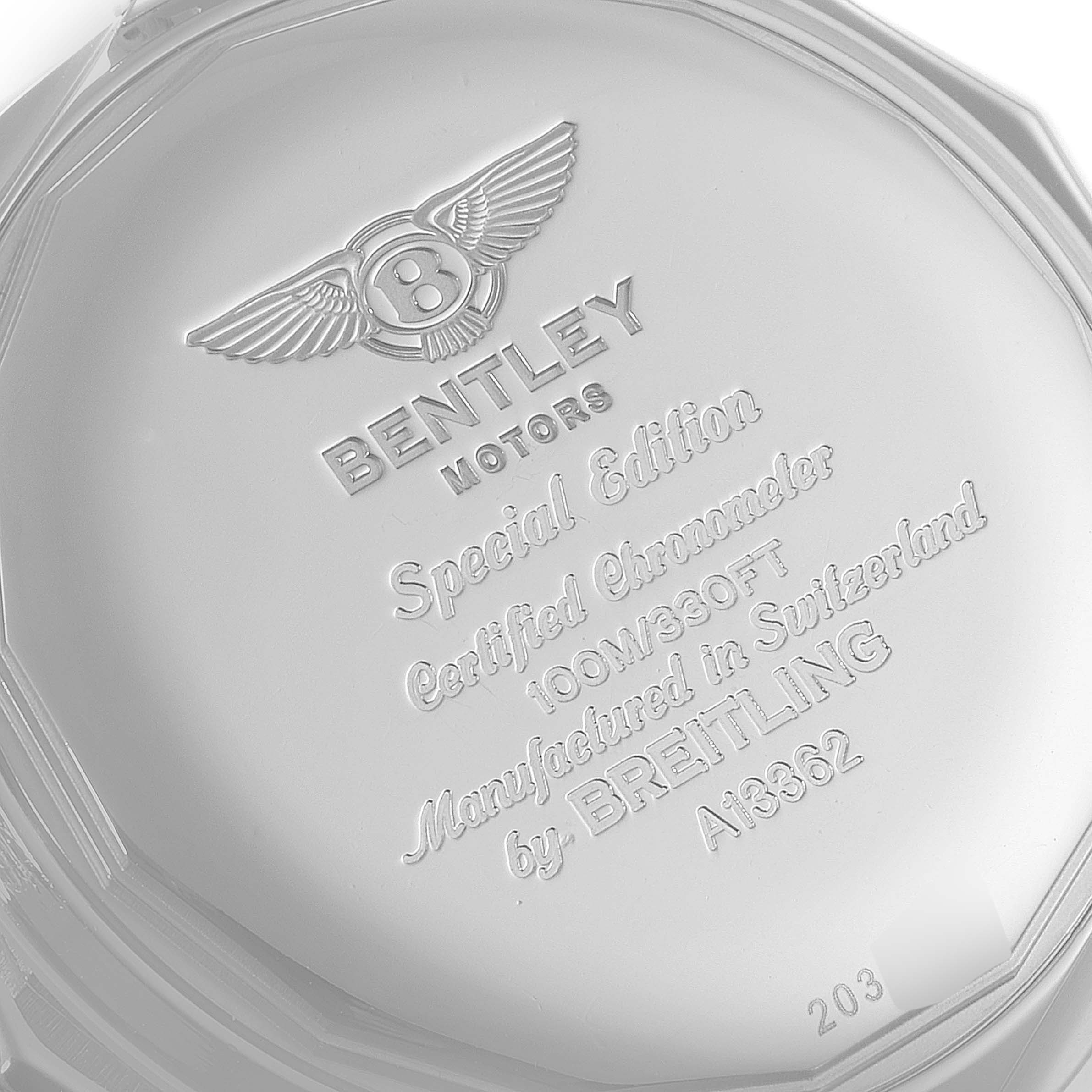 This image shows the embossed back case of a Breitling Bentley A13362 Men's Stainless Steel Blue Dial A13362 Men's Stainless Steel Blue Dial model watch.