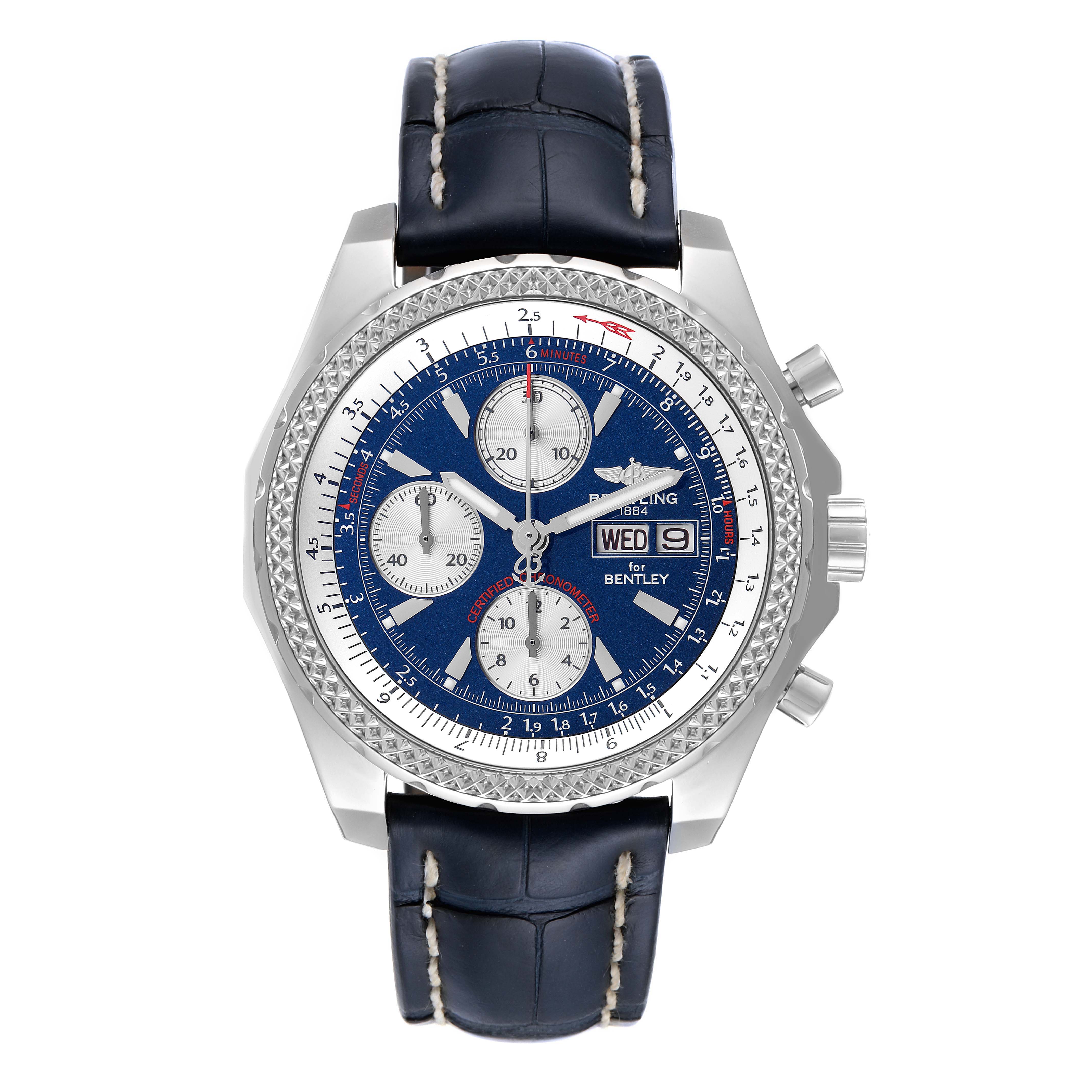 The Breitling Bentley A13362 Men's Stainless Steel Blue Dial A13362 Men's Stainless Steel Blue Dial watch is shown from the front, displaying its blue dial, chronograph sub-dials, date window, and leather strap.