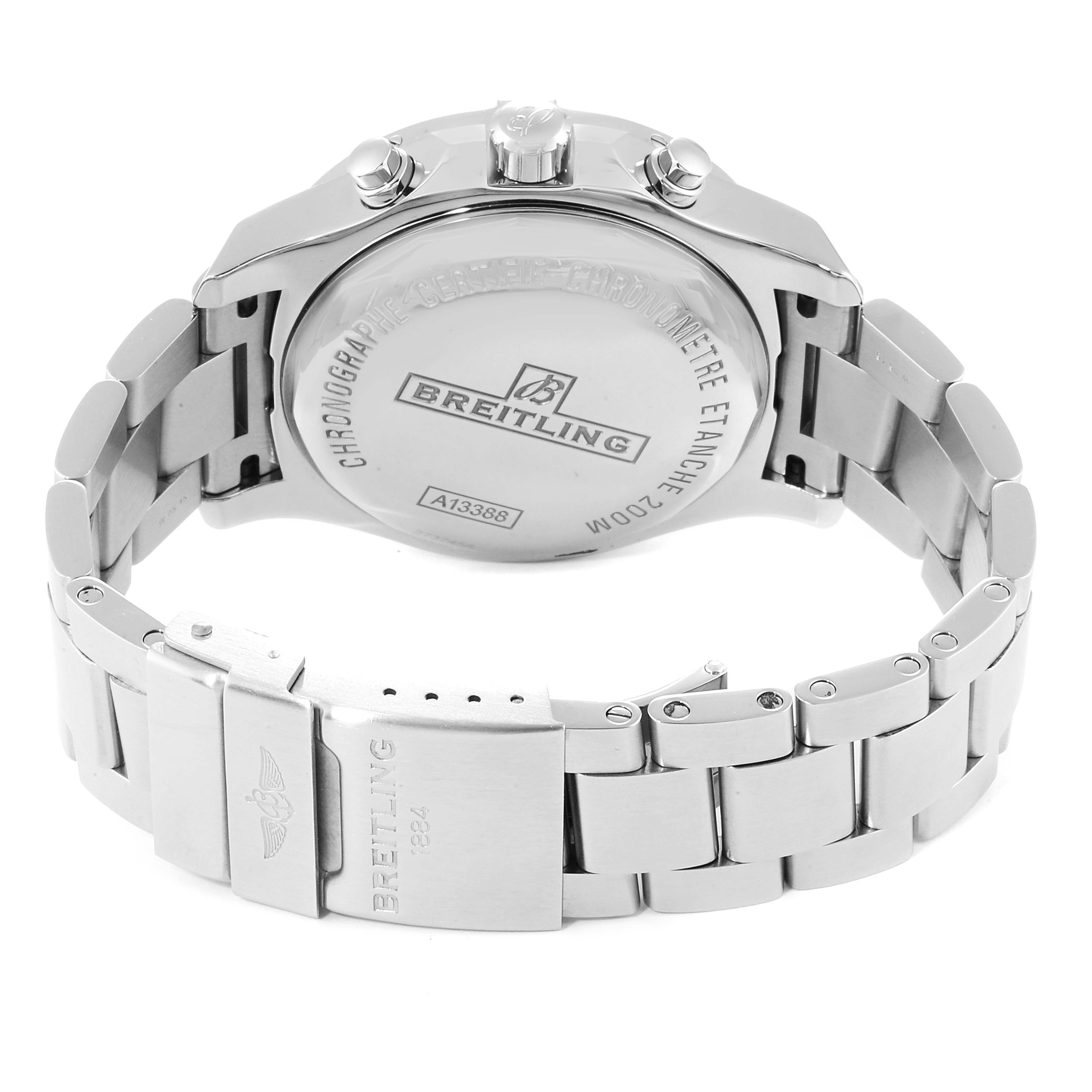 The image shows the back and clasp of a Breitling Colt A13388 Men's Stainless Steel White Dial A13388 Men's Stainless Steel White Dial watch, highlighting the engraved details and bracelet.