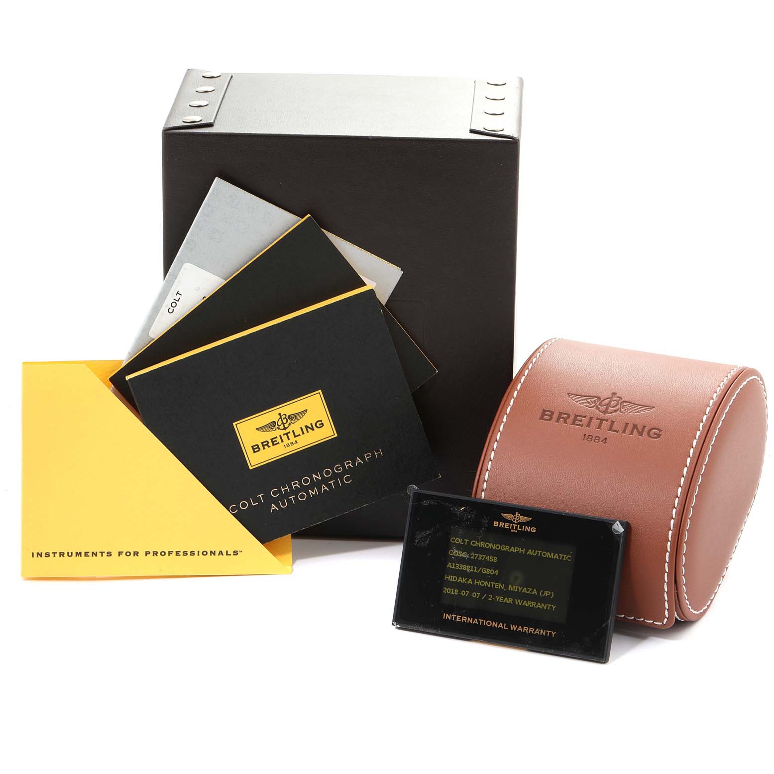 The image shows boxing and accessories for the Breitling Colt A13388 Men's Stainless Steel White Dial A13388 Men's Stainless Steel White Dial watch, including a case, manuals, and warranty card.