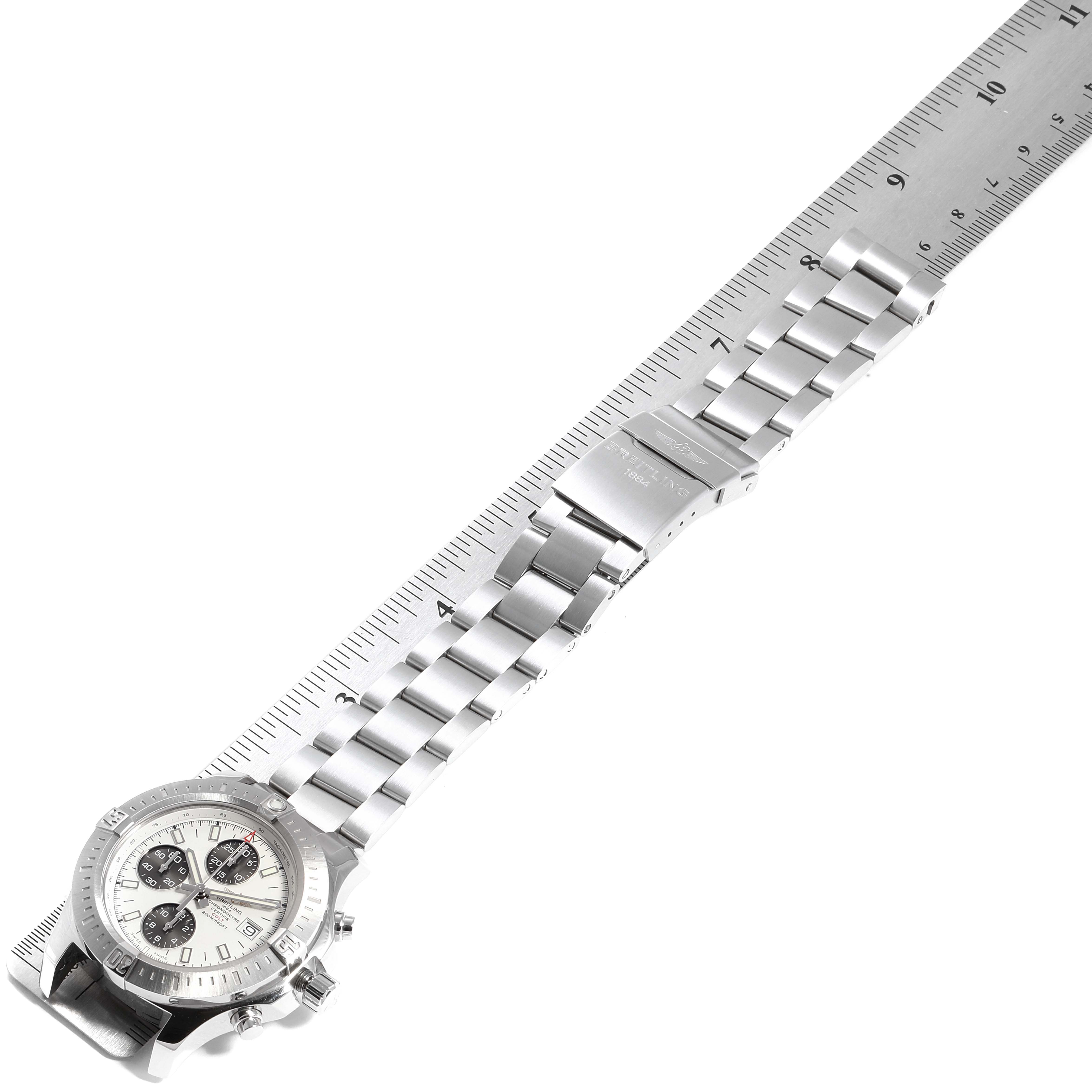The image shows the Breitling Colt A13388 Men's Stainless Steel White Dial A13388 Men's Stainless Steel White Dial watch angled from above, displaying the face, bezel, bracelet, and clasp.