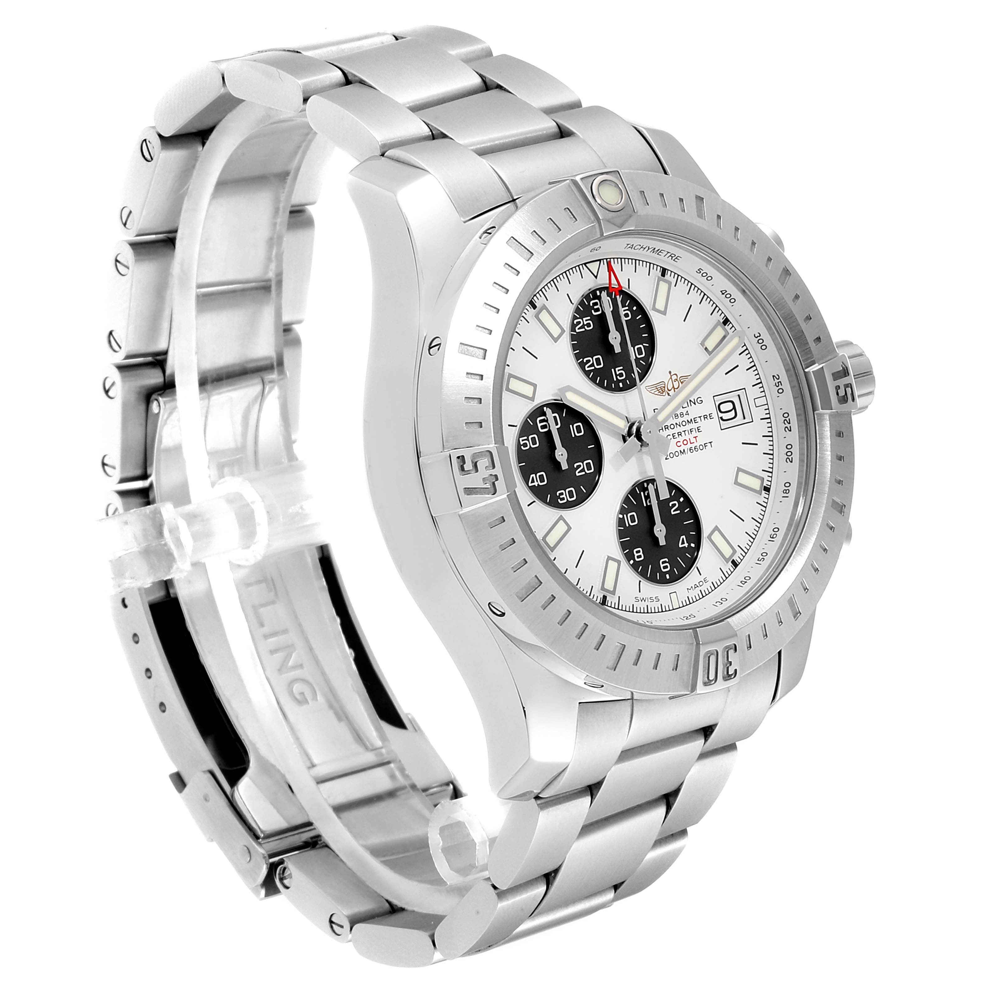 The image shows a Breitling Colt A13388 Men's Stainless Steel White Dial A13388 Men's Stainless Steel White Dial model watch at a three-quarter angle, highlighting the dial, bezel, and steel bracelet.