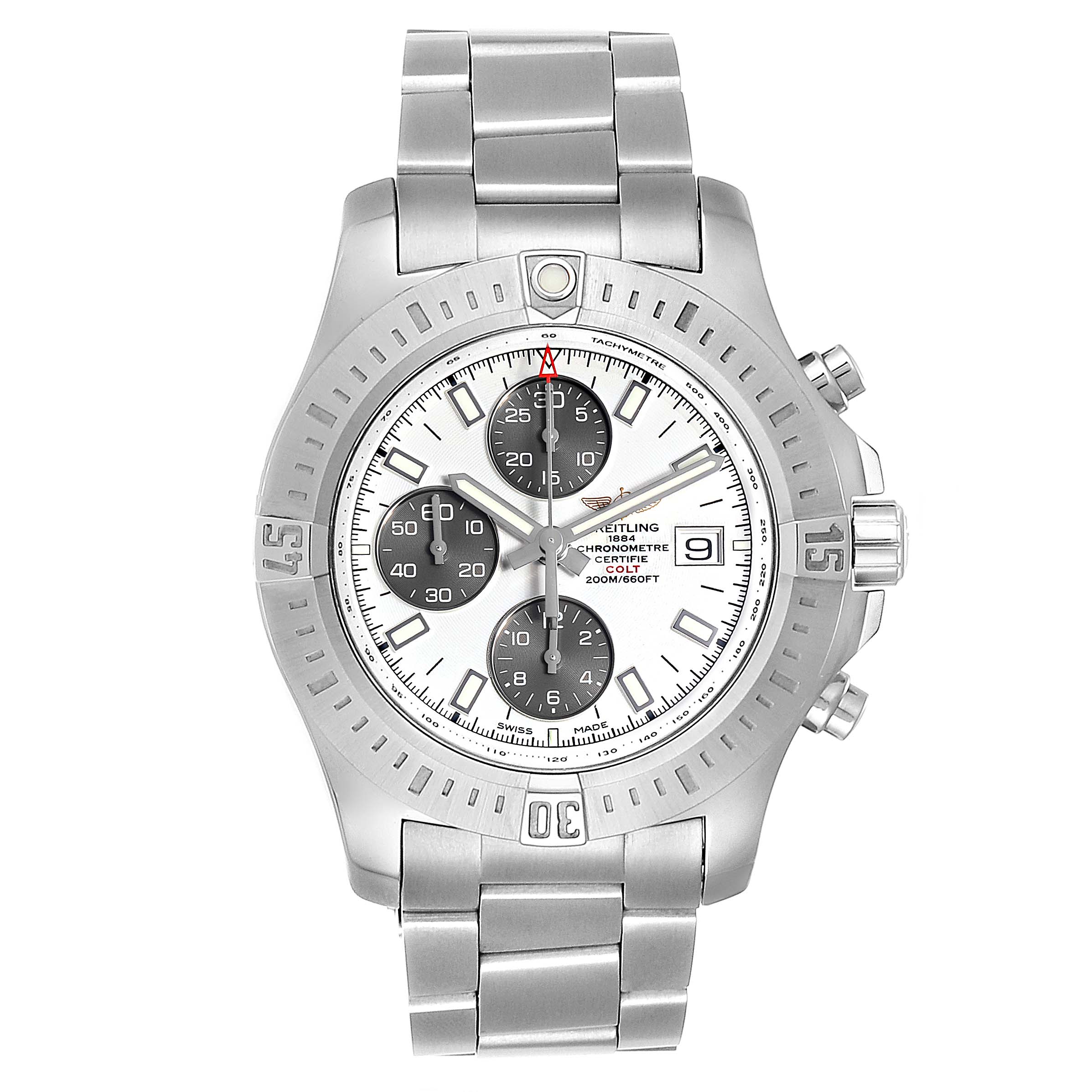 The image shows a front view of the Breitling Colt A13388 Men's Stainless Steel White Dial A13388 Men's Stainless Steel White Dial model watch, highlighting its dial, bezels, and bracelet.
