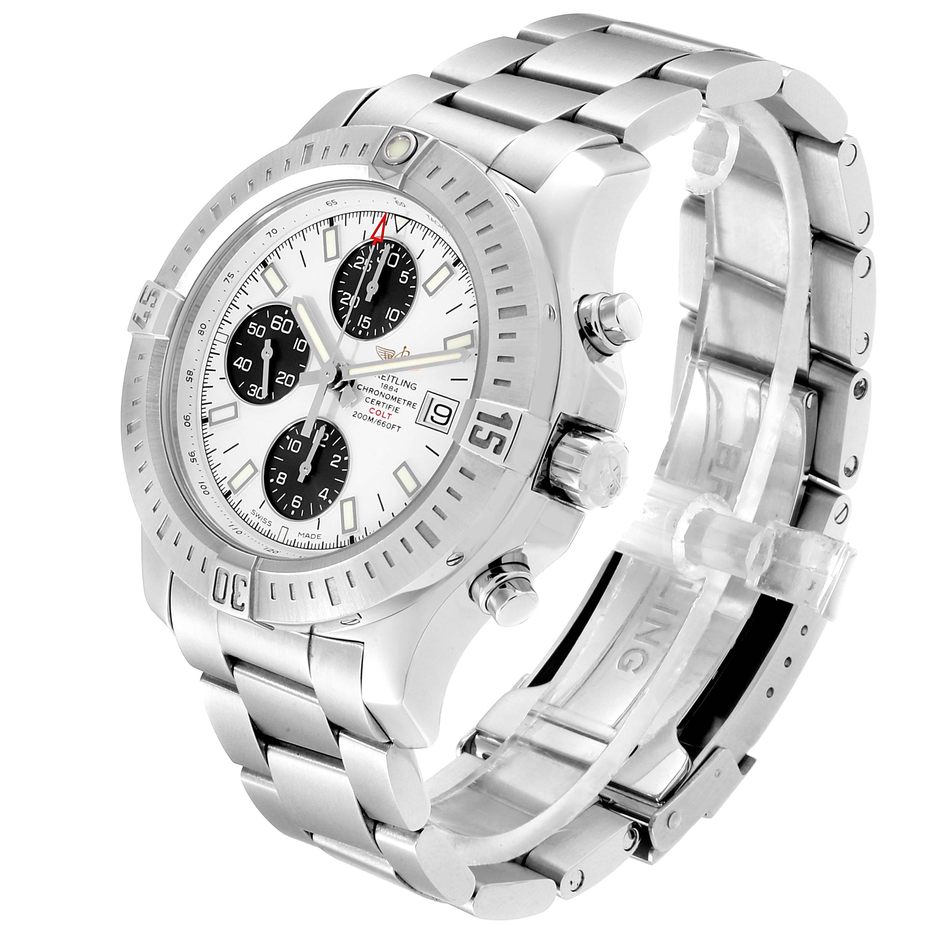 This image shows a Breitling Colt A13388 Men's Stainless Steel White Dial A13388 Men's Stainless Steel White Dial watch angled to display the face, bezel, crown, pushers, and part of the bracelet.