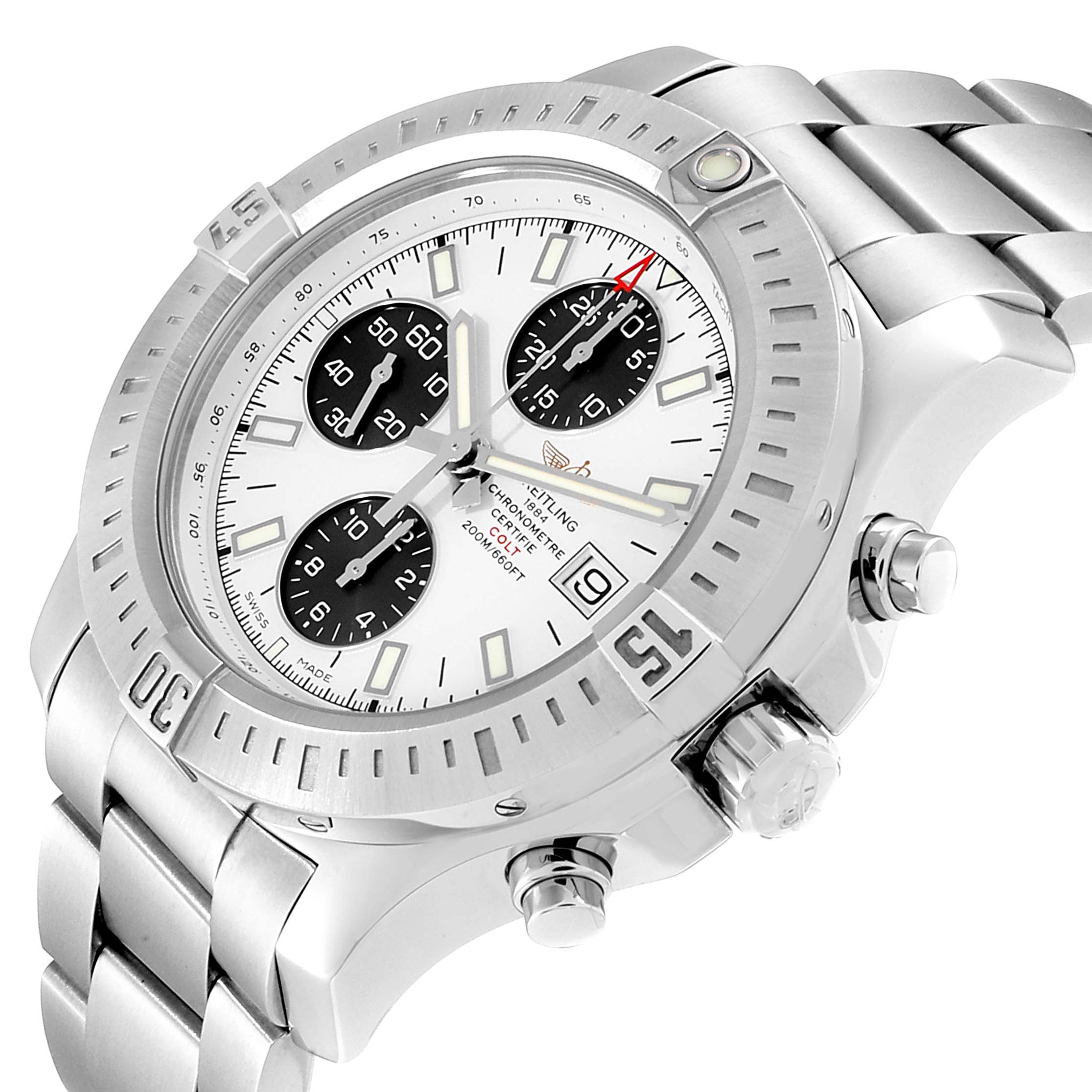 The Breitling Colt A13388 Men's Stainless Steel White Dial A13388 Men's Stainless Steel White Dial watch is shown at a slight angle, displaying the bezel, three subdials, crown, and part of the stainless steel band.
