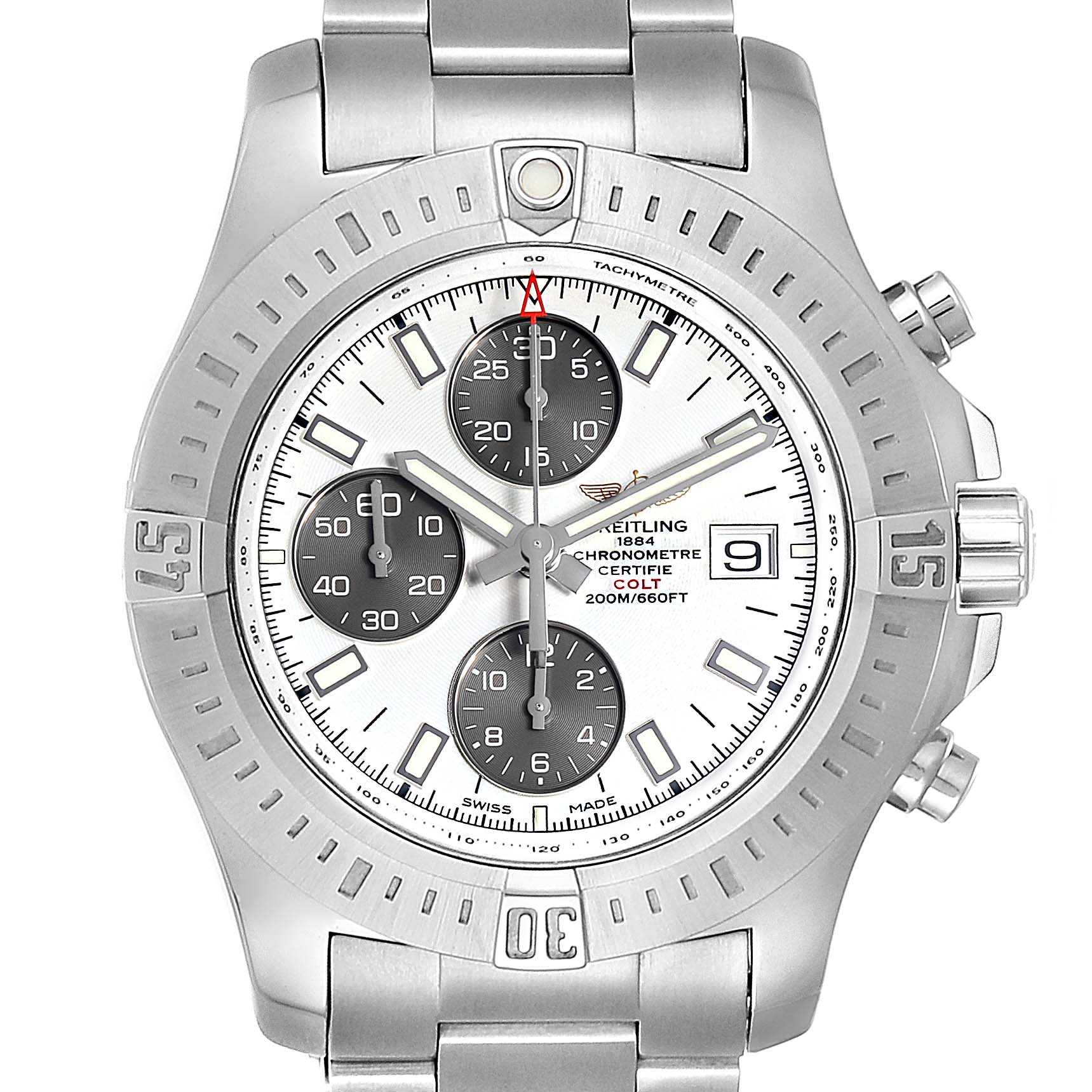 This image shows a front view of the Breitling Colt A13388 Men's Stainless Steel White Dial A13388 Men's Stainless Steel White Dial watch, highlighting its dial, bezel, chronograph sub-dials, and bracelet.