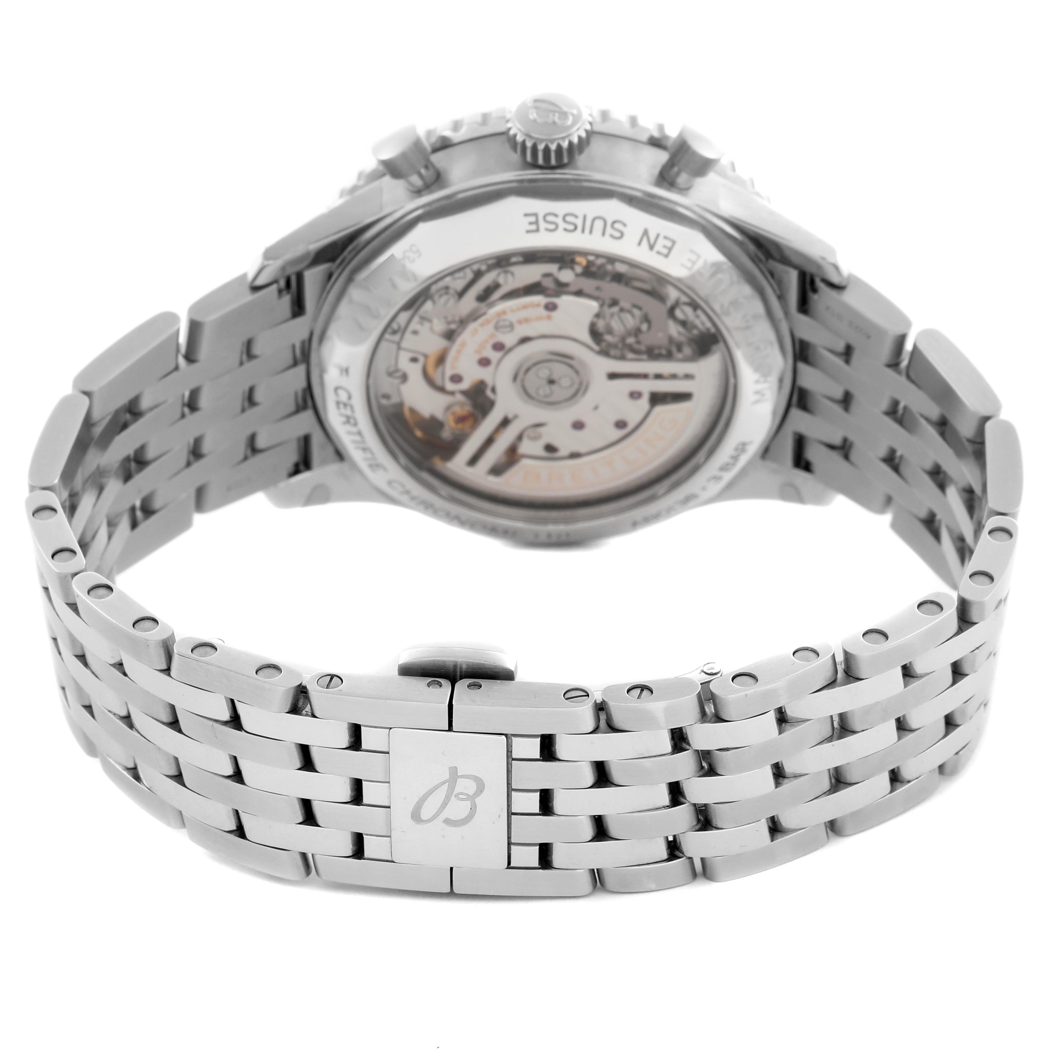 The image shows the back of a Breitling Navitimer AB0138 Men
s Stainless Steel Blue Dial AB0138 Men
s Stainless Steel Blue Dial with a view of the movement and metal bracelet.