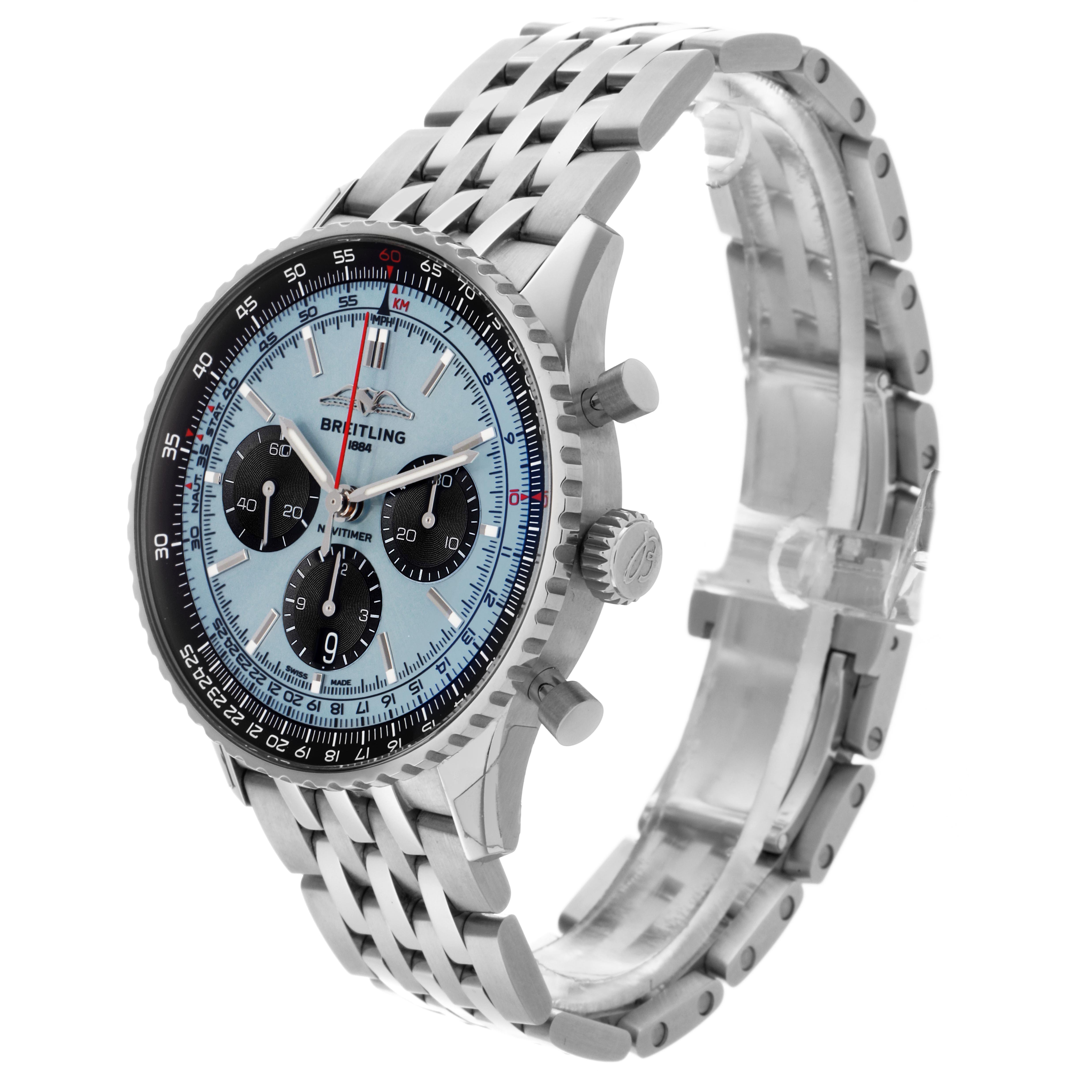 The Breitling Navitimer AB0138 Men
s Stainless Steel Blue Dial AB0138 Men
s Stainless Steel Blue Dial watch is shown at a three-quarter angle, displaying the dial, bezel, crown, pushers, and bracelet.