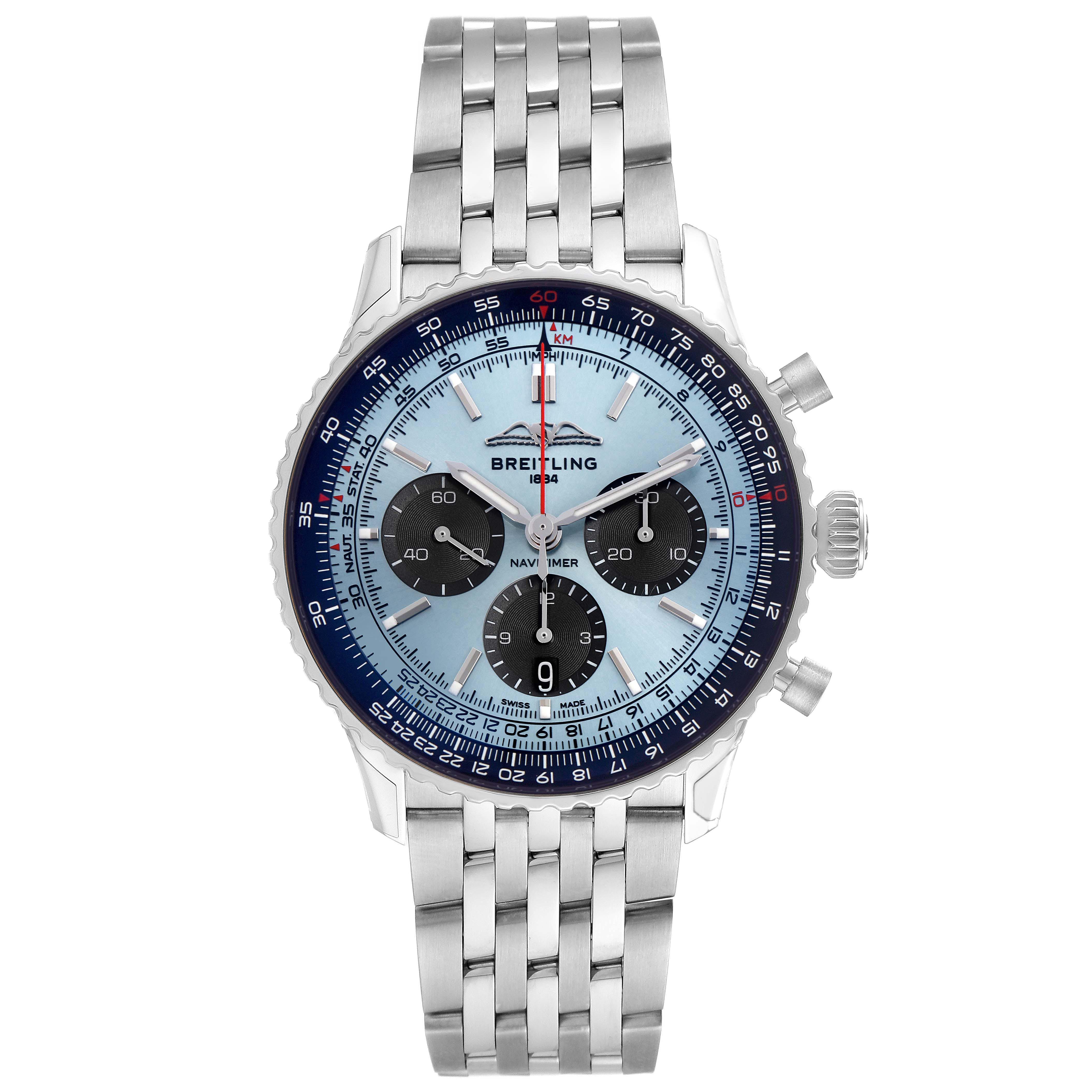 The Breitling Navitimer AB0138 Men
s Stainless Steel Blue Dial AB0138 Men
s Stainless Steel Blue Dial watch is shown from a front angle, displaying the face, bezel, crown, pushers, and metal bracelet.