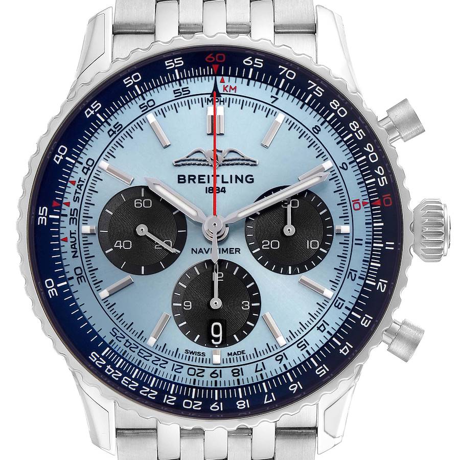 The image shows a front view of the Breitling Navitimer watch, highlighting the dial, bezel, crown, and part of the bracelet.