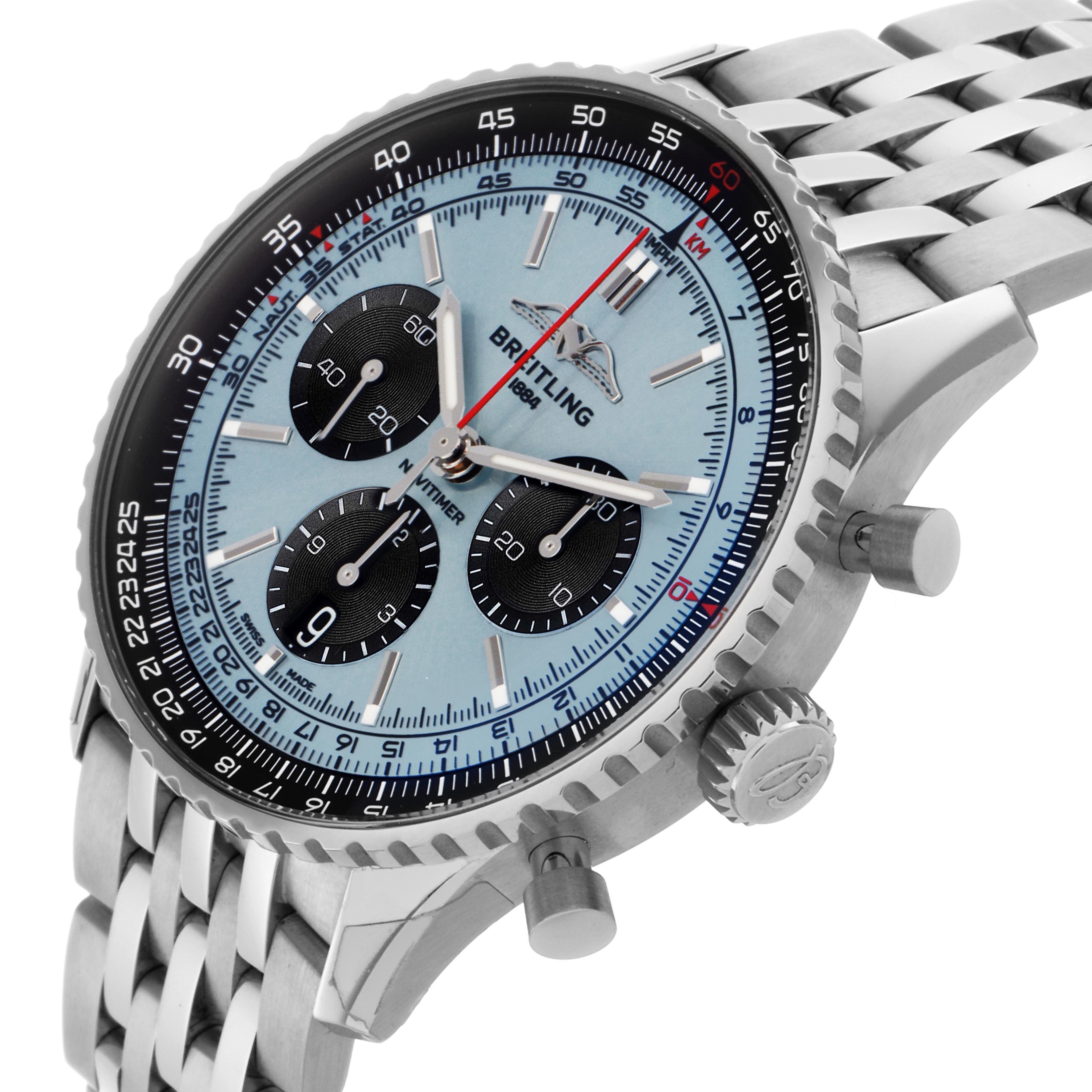 The Breitling Navitimer AB0138 Men
s Stainless Steel Blue Dial AB0138 Men
s Stainless Steel Blue Dial watch is shown from a side angle, highlighting the face, bezel, crown, and chronograph pushers.