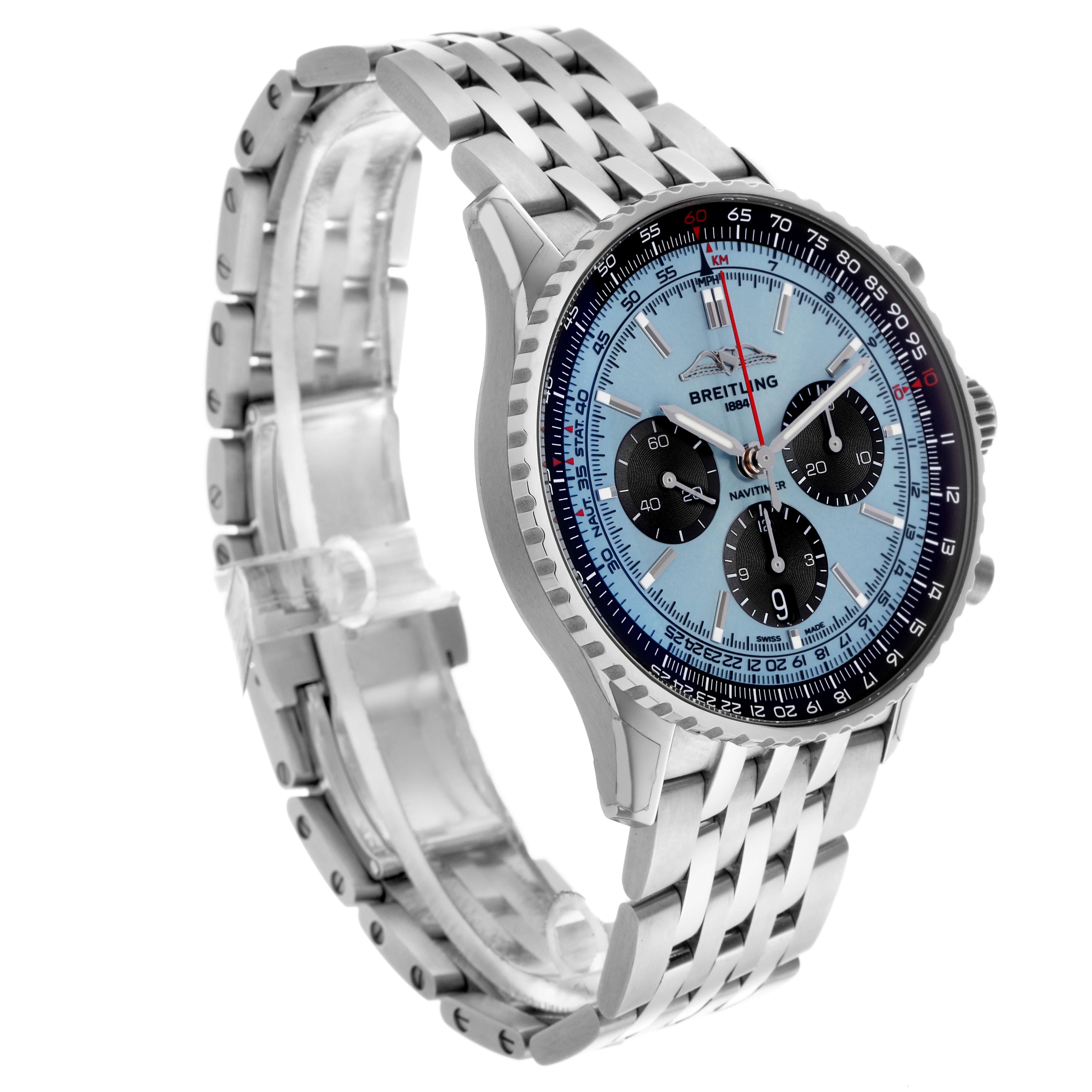 The image shows a side angle of a Breitling Navitimer AB0138 Men
s Stainless Steel Blue Dial AB0138 Men
s Stainless Steel Blue Dial watch, highlighting its face, bezel, and metal bracelet.