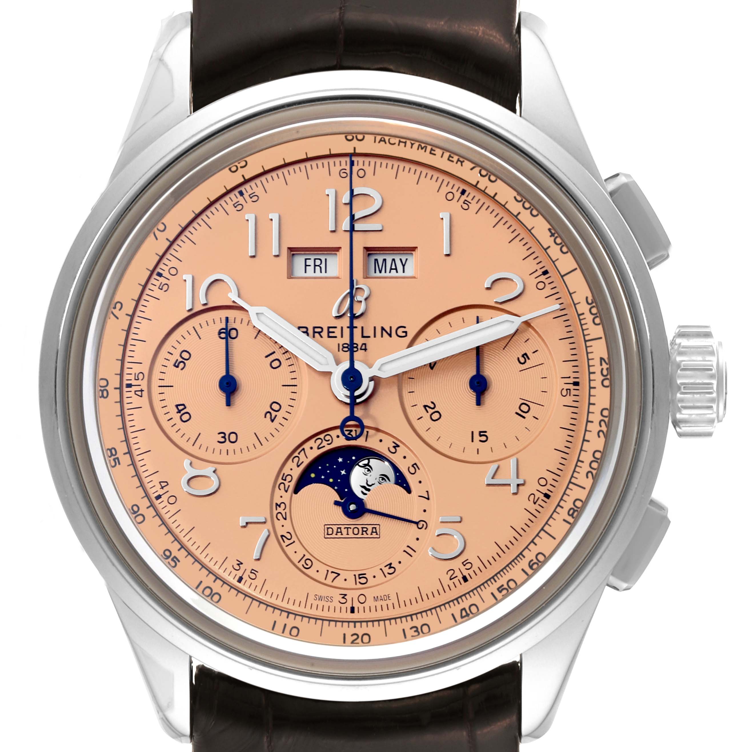 The Breitling Premier AB2510201K1P1 Men's Stainless Steel Pink Dial AB2510201K1P1 Men's Stainless Steel Pink Dial model watch is shown from the front, displaying its dial, hands, sub-dials, and leather strap.