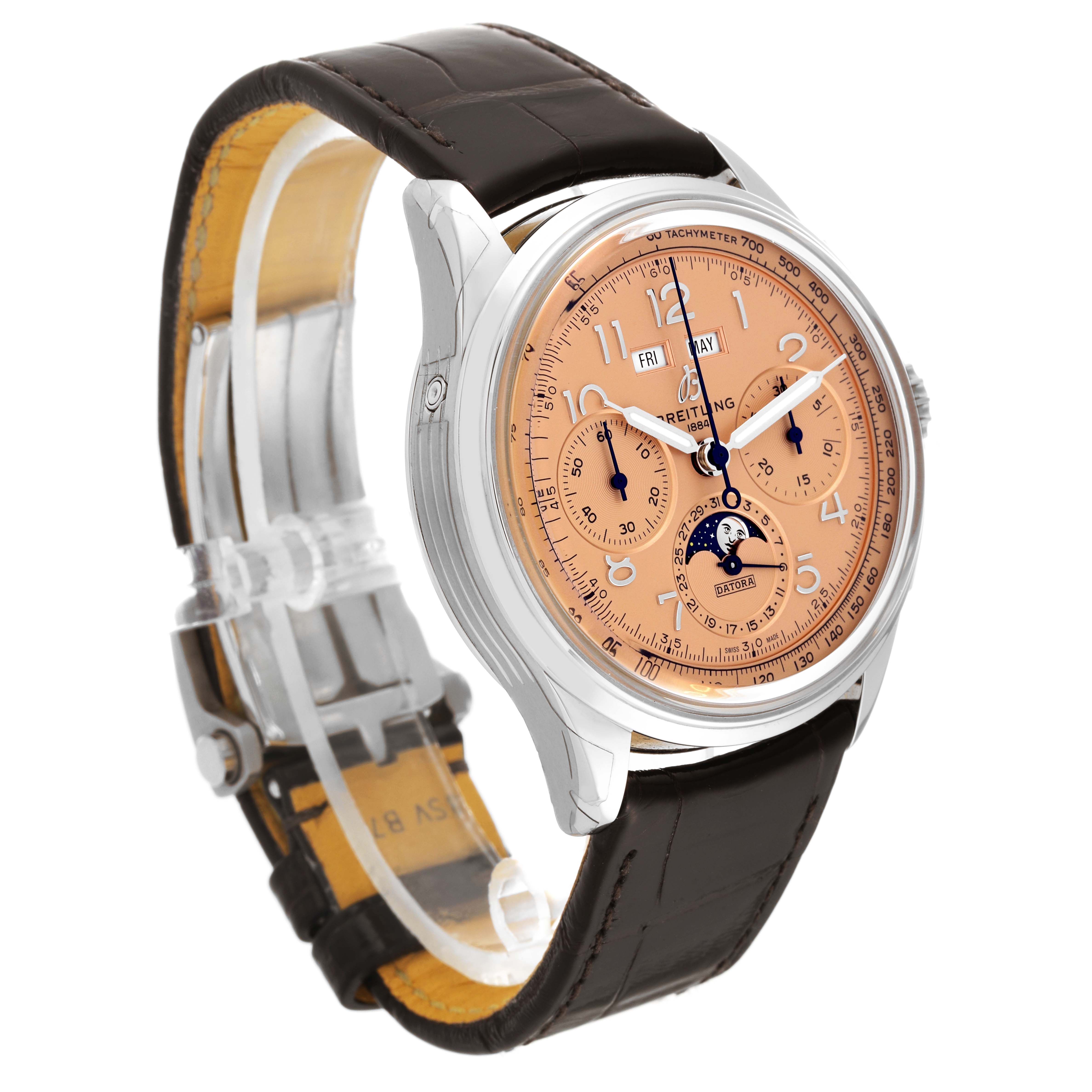 The image shows a side angle of the Breitling Premier AB2510201K1P1 Men's Stainless Steel Pink Dial AB2510201K1P1 Men's Stainless Steel Pink Dial watch, highlighting the dial, strap, and case.