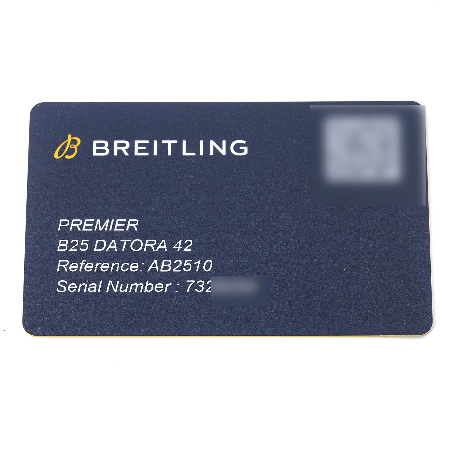 This image shows a warranty or authenticity card for the Breitling Premier AB2510201K1P1 Men's Stainless Steel Pink Dial AB2510201K1P1 Men's Stainless Steel Pink Dial B25 Datora 42 watch, indicating its model, reference, and serial number.