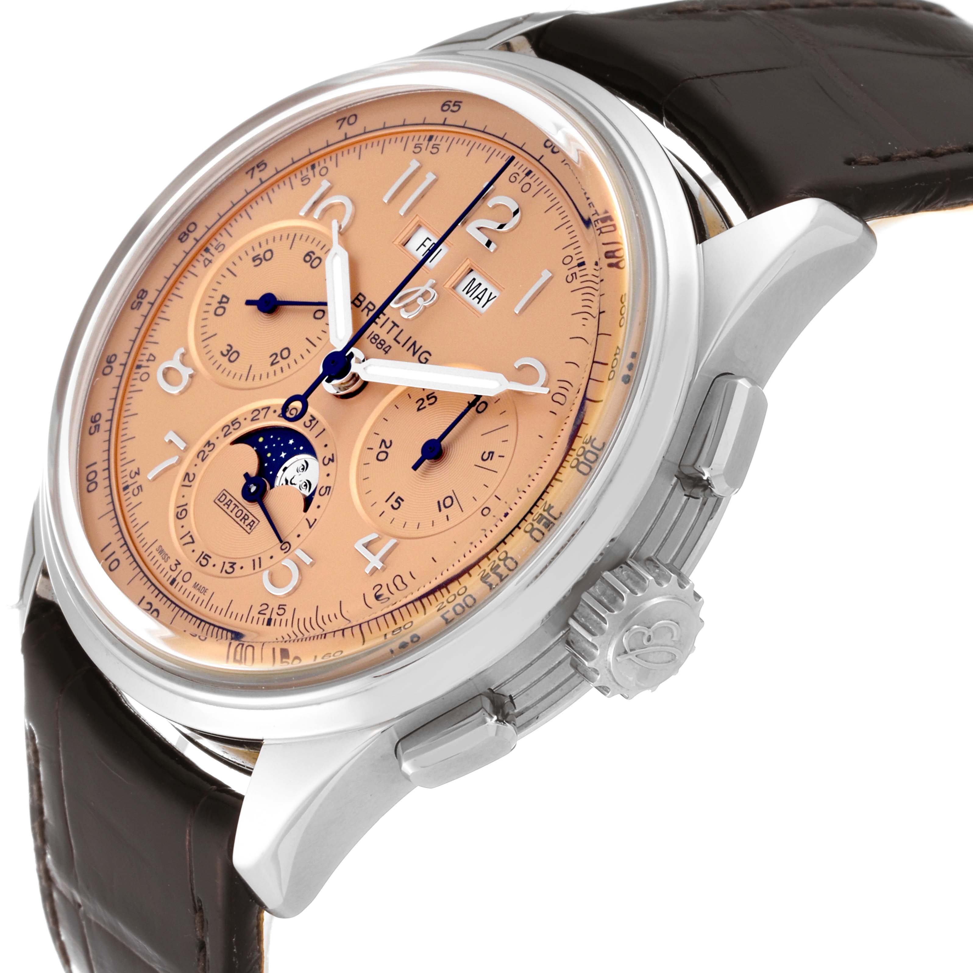 The image shows a Breitling Premier AB2510201K1P1 Men's Stainless Steel Pink Dial AB2510201K1P1 Men's Stainless Steel Pink Dial model watch at an angle highlighting the dial, crown, subdials, and leather strap.