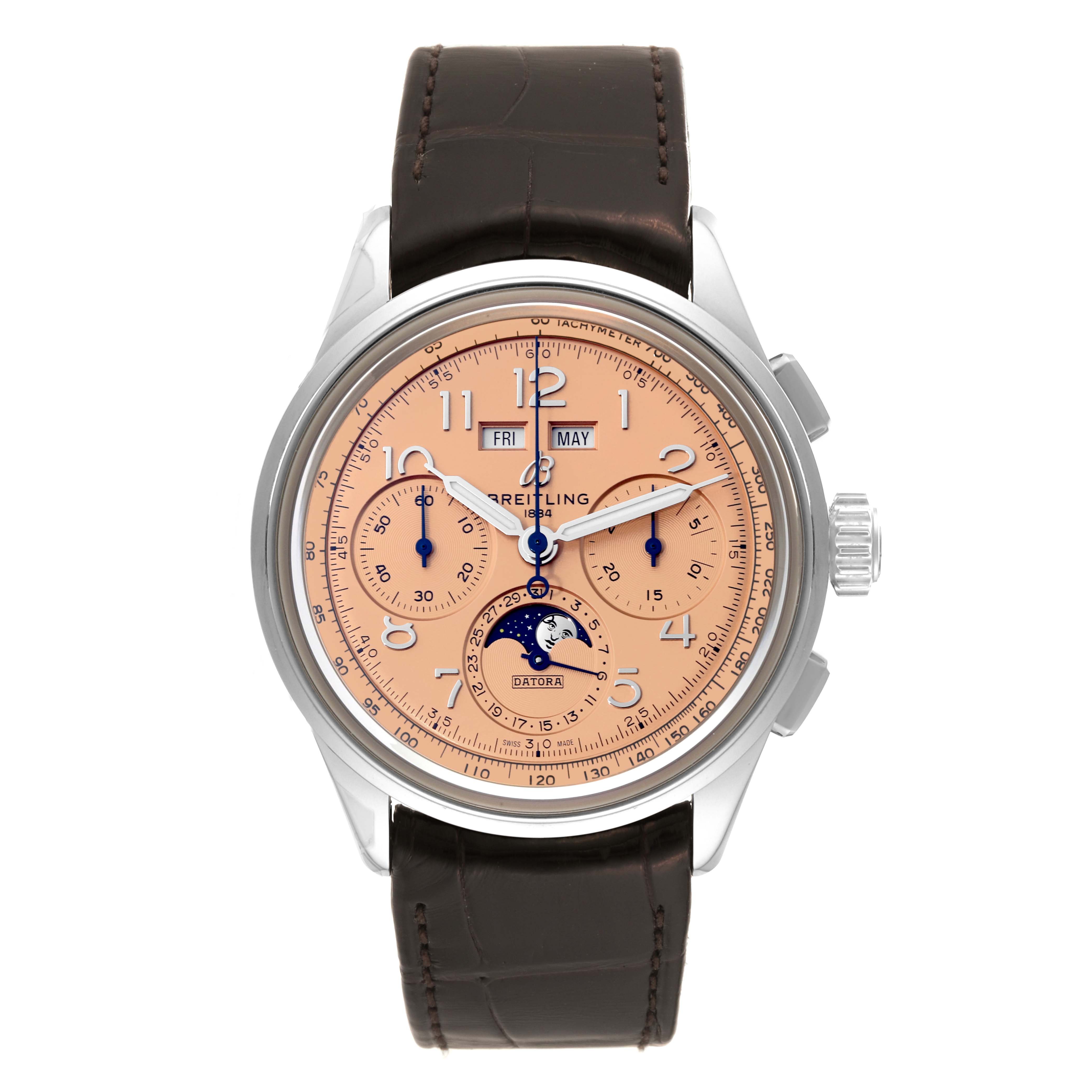 The Breitling Premier AB2510201K1P1 Men's Stainless Steel Pink Dial AB2510201K1P1 Men's Stainless Steel Pink Dial watch is shown directly from the front, highlighting its peach dial, subdials, moon phase, and leather strap.