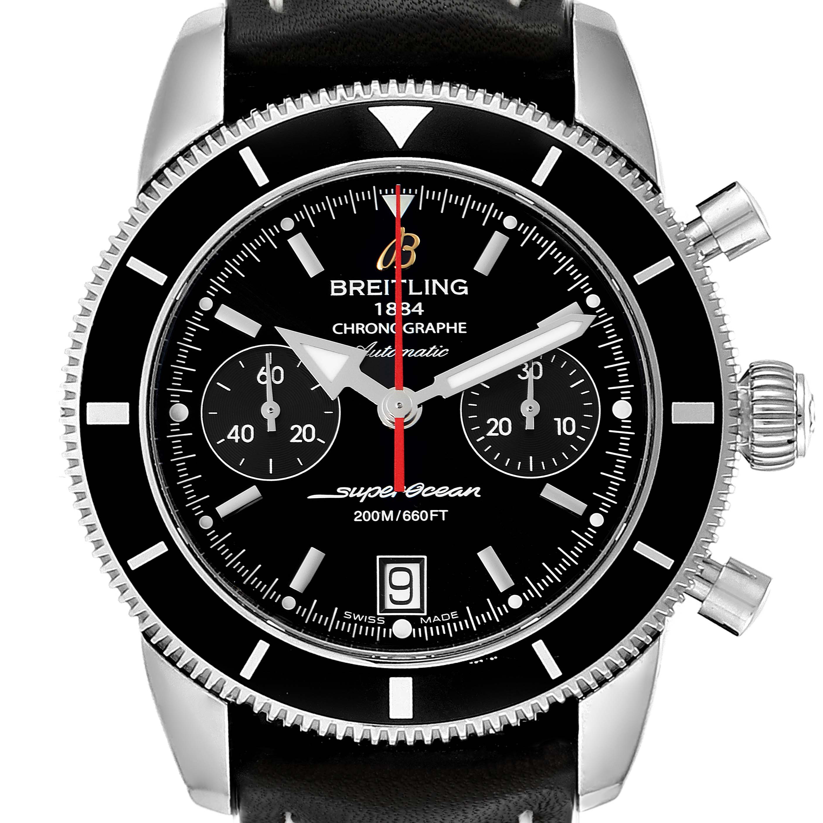 The image shows a front angle of the Breitling Superocean A23370 Men's Stainless Steel Black Dial A23370 Men's Stainless Steel Black Dial watch, displaying the dial, hands, bezel, and part of the strap.