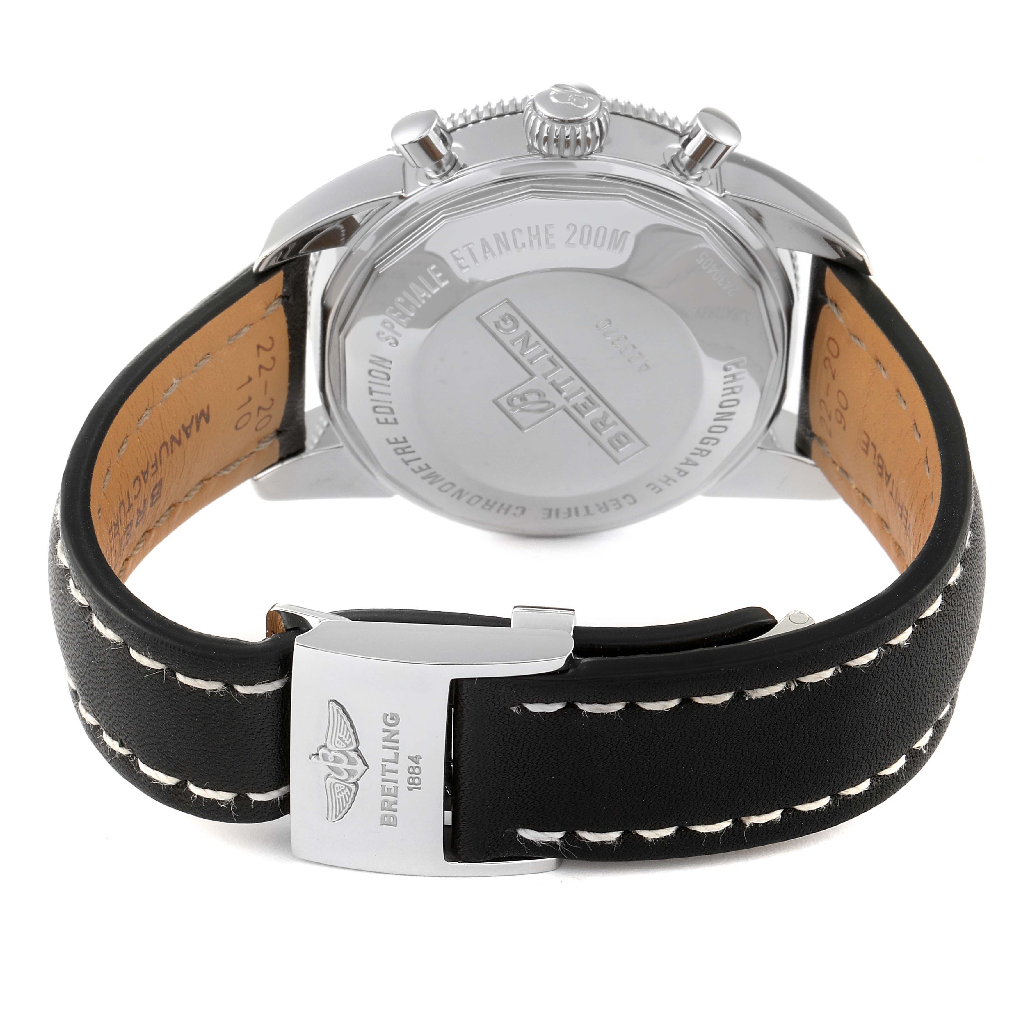 The image shows the back view of a Breitling Superocean A23370 Men's Stainless Steel Black Dial A23370 Men's Stainless Steel Black Dial watch, highlighting the case back and black leather strap with a branded clasp.