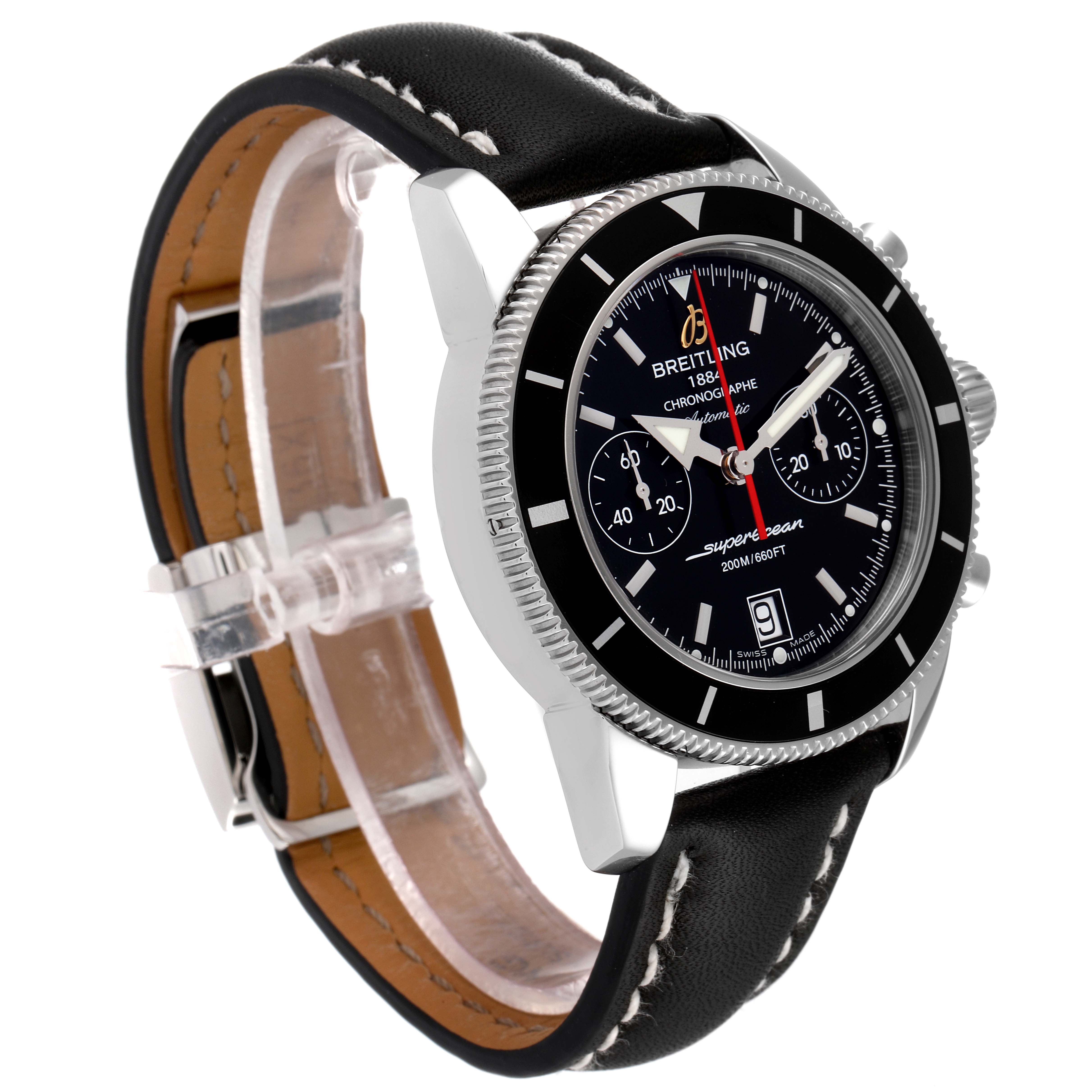 This image shows the Breitling Superocean A23370 Men's Stainless Steel Black Dial A23370 Men's Stainless Steel Black Dial watch at a three-quarter angle, highlighting its face, bezel, and leather strap.