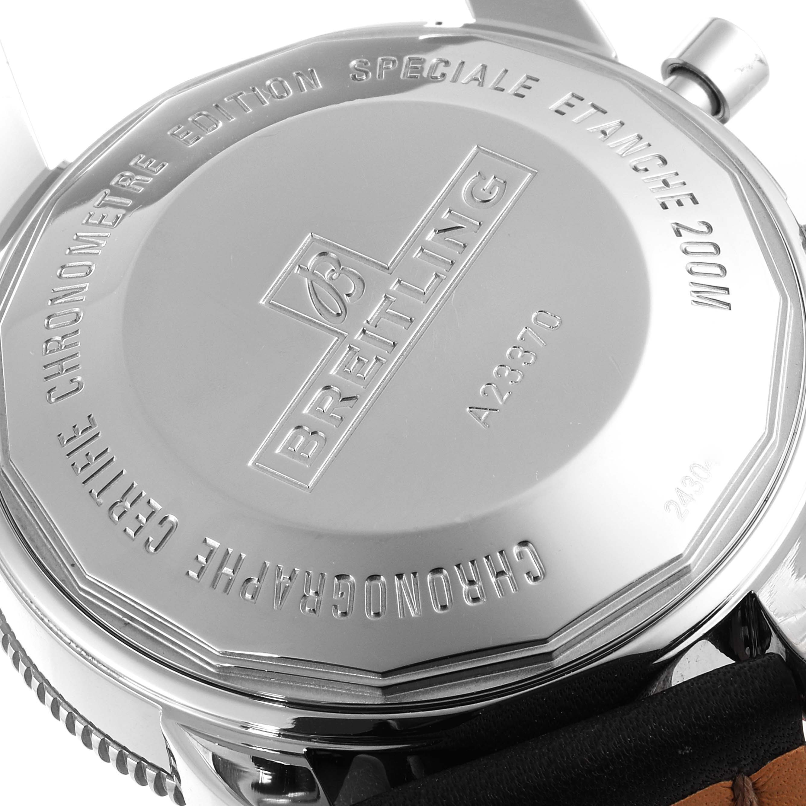 The image shows the backside of a Breitling Superocean A23370 Men's Stainless Steel Black Dial A23370 Men's Stainless Steel Black Dial watch, highlighting the engraved branding and specifications.