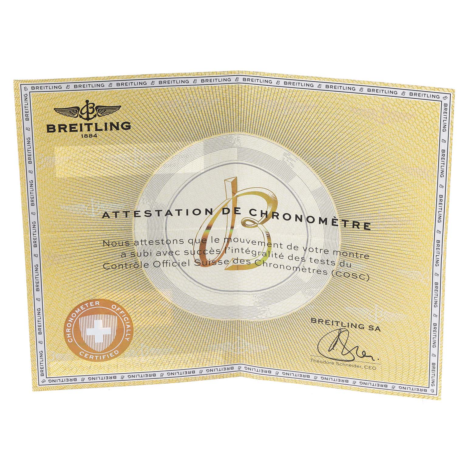 This is a Breitling Superocean A23370 Men's Stainless Steel Black Dial A23370 Men's Stainless Steel Black Dial certificate of chronometer authentication viewed from the front.