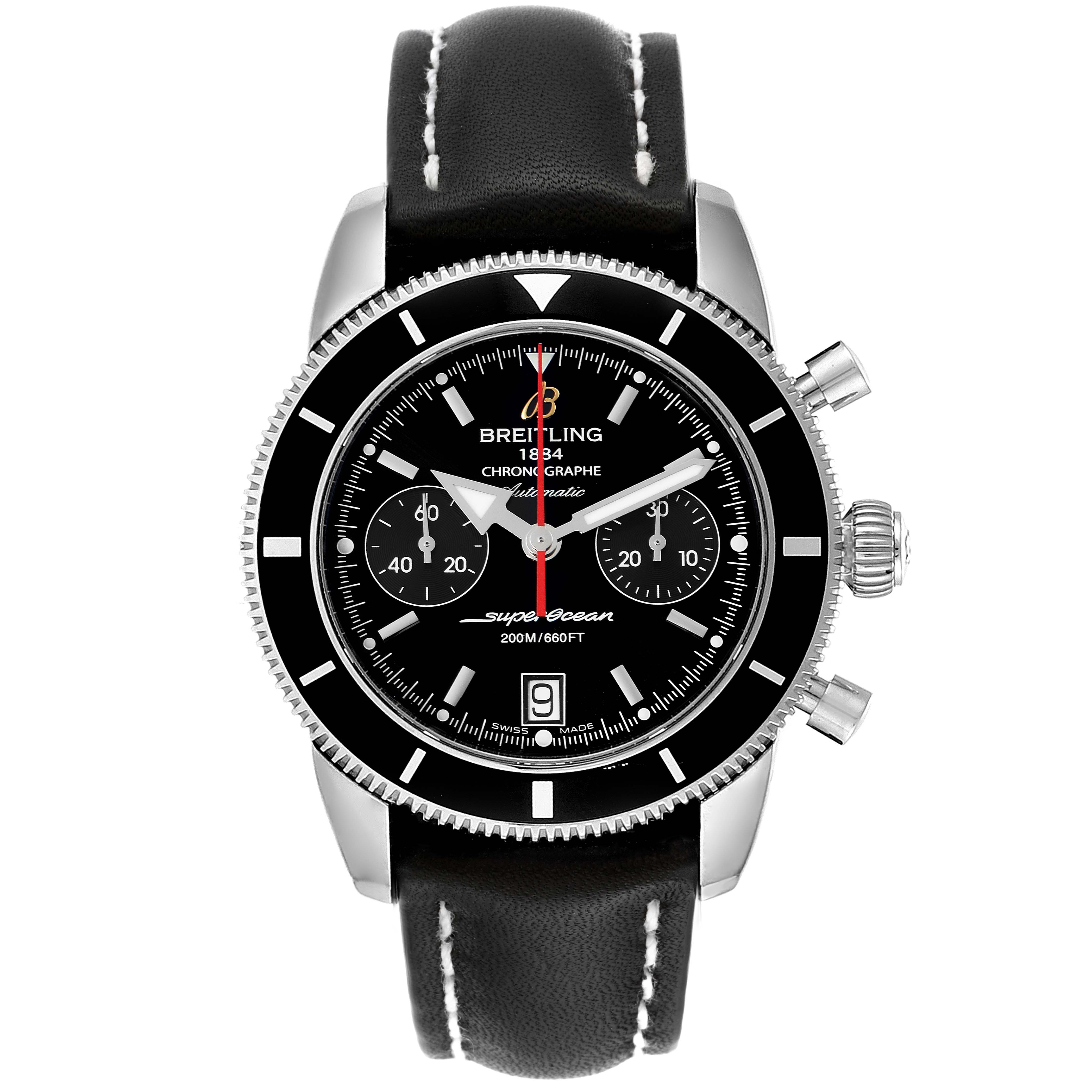 The image shows a front view of the Breitling Superocean A23370 Men's Stainless Steel Black Dial A23370 Men's Stainless Steel Black Dial watch, highlighting its black dial, chronograph subdials, and leather strap.