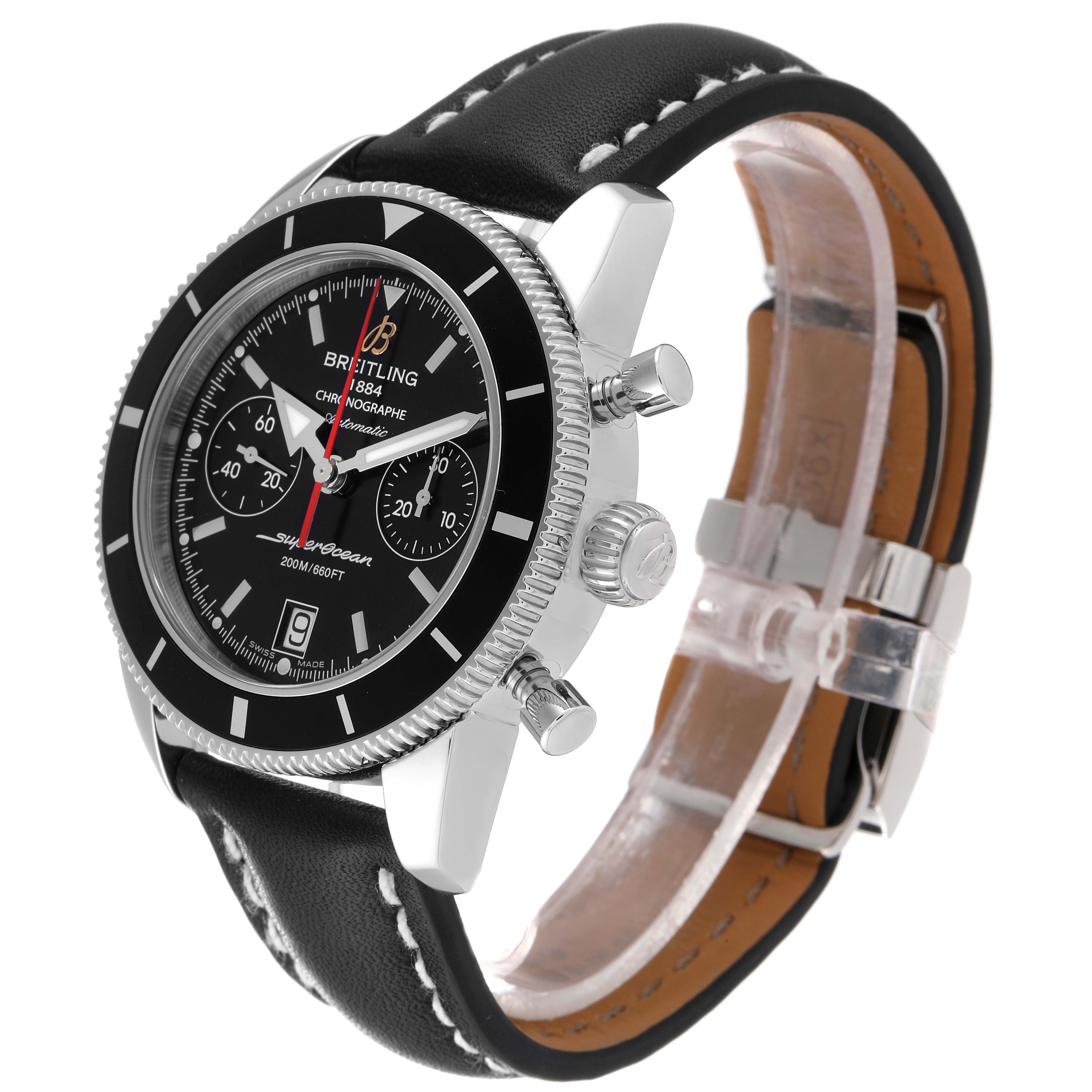 This image shows a Breitling Superocean A23370 Men's Stainless Steel Black Dial A23370 Men's Stainless Steel Black Dial watch at a front-left angle, showcasing the face, dial, bezel, crown, and leather strap.