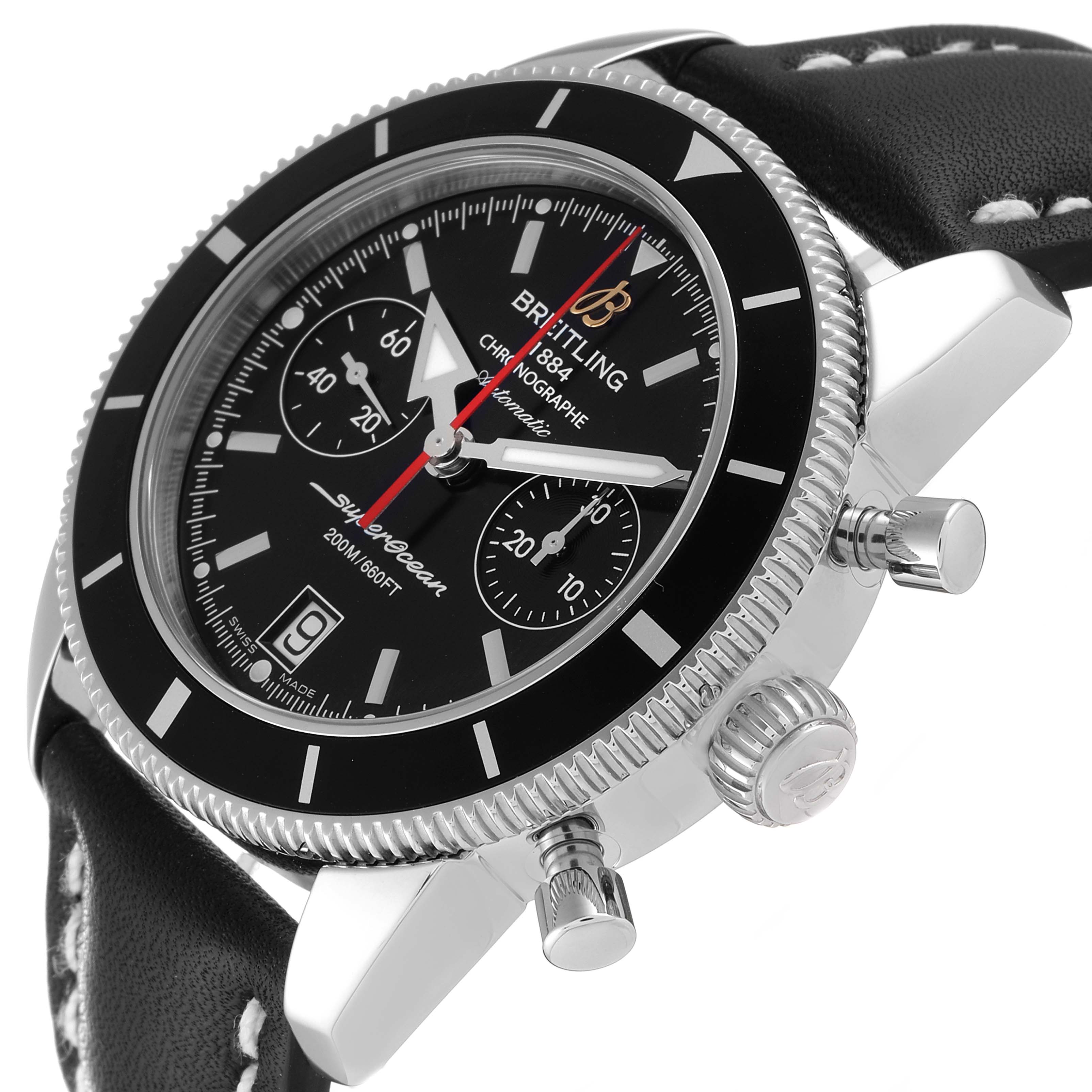 The Breitling Superocean A23370 Men's Stainless Steel Black Dial A23370 Men's Stainless Steel Black Dial watch is shown at an angle highlighting its bezel, dial, and leather strap with visible chronograph subdials and crown.