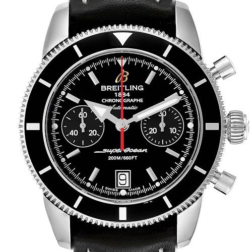 The image shows the front view of a Breitling Superocean watch, highlighting its dial, bezel, and chronograph subdials.