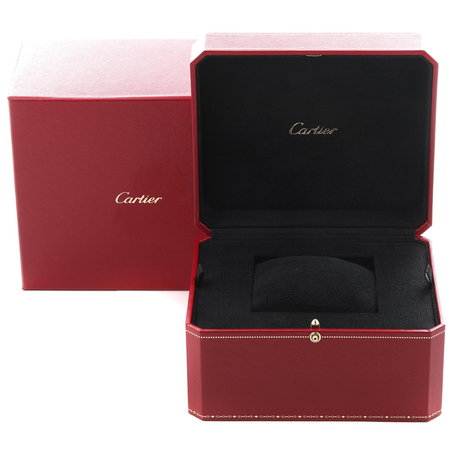 The image shows an open Cartier Ballon Bleu W69009Z3 Men
s Steel and Gold (two tone) Silver Dial W69009Z3 Men
s Steel and Gold (two tone) Silver Dial watch box, angled to display its red exterior and black interior.