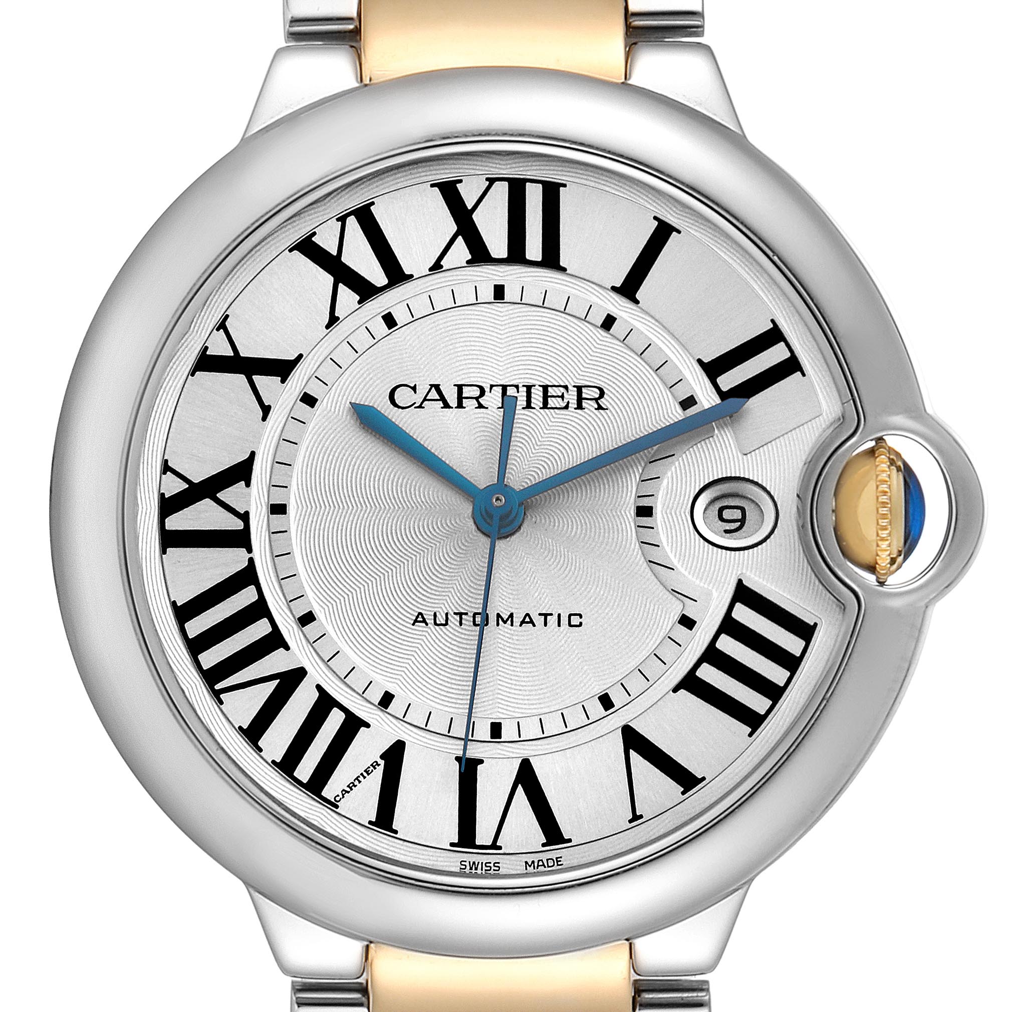 The Cartier Ballon Bleu W69009Z3 Men
s Steel and Gold (two tone) Silver Dial W69009Z3 Men
s Steel and Gold (two tone) Silver Dial watch is shown from the front, highlighting its dial, Roman numerals, and signature crown with a blue cabochon.