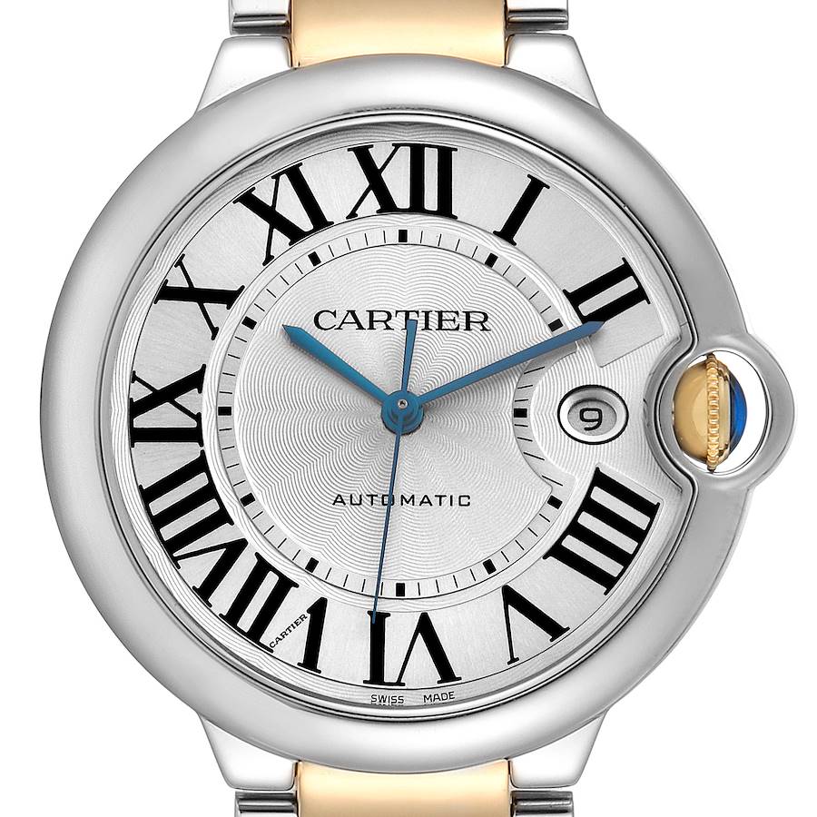 The Cartier Ballon Bleu watch is shown from the front, highlighting its dial, Roman numerals, and signature crown with a blue cabochon.