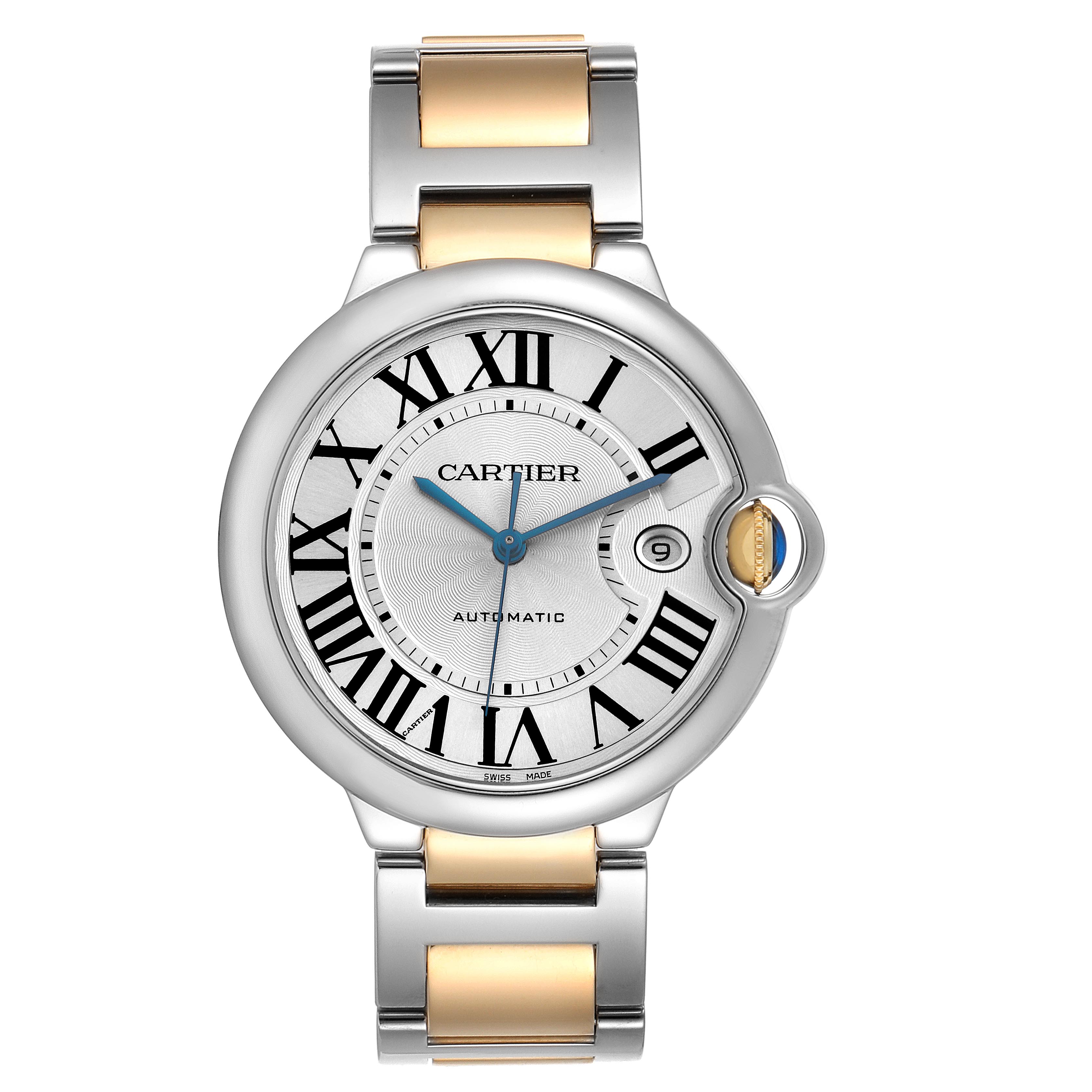 The Ballon Bleu by Cartier is shown from a top-down angle, displaying its face, Roman numerals, hands, and two-tone bracelet.