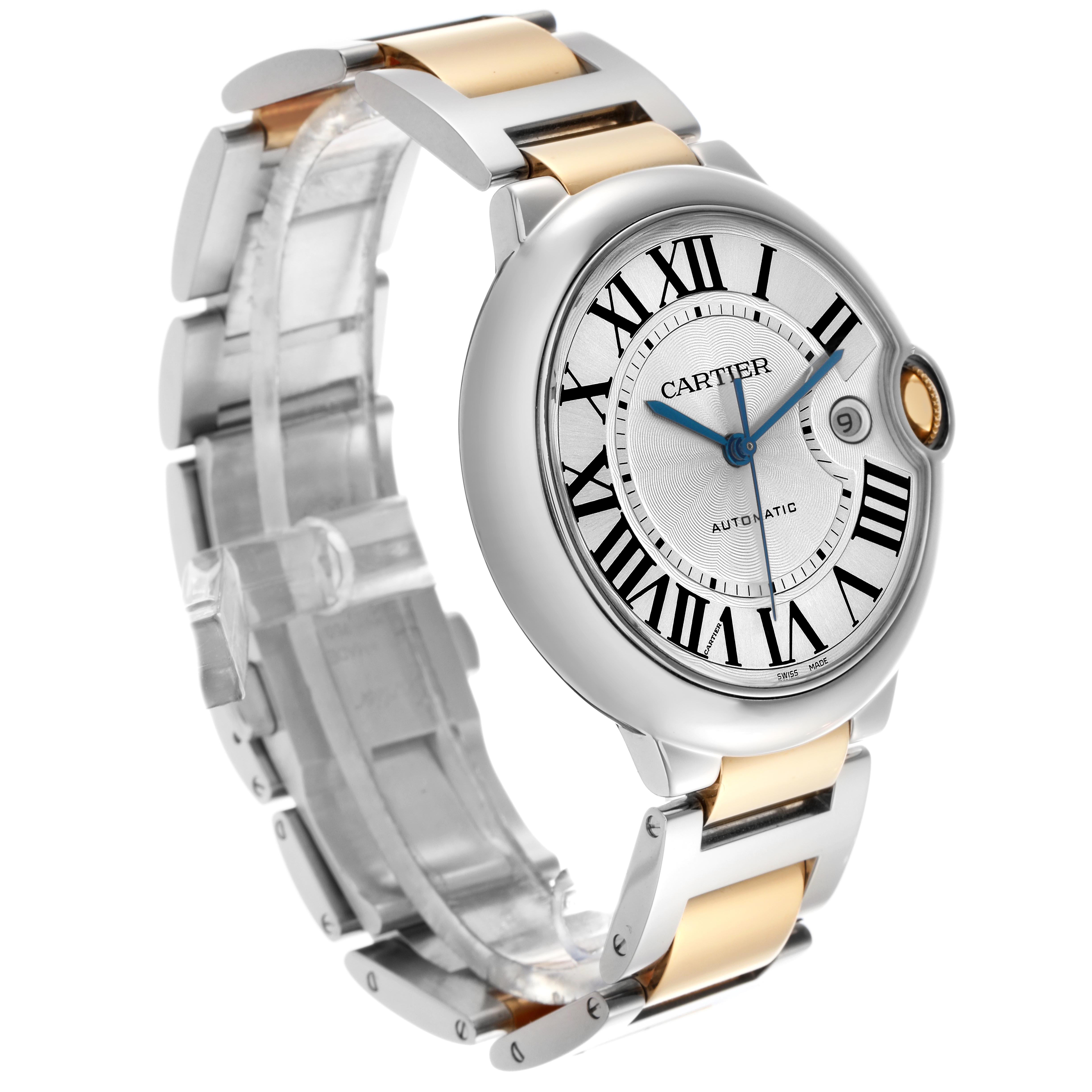 The Cartier Ballon Bleu W69009Z3 Men
s Steel and Gold (two tone) Silver Dial W69009Z3 Men
s Steel and Gold (two tone) Silver Dial watch is shown at a three-quarter angle, highlighting the face, Roman numerals, blue hands, and bracelet.