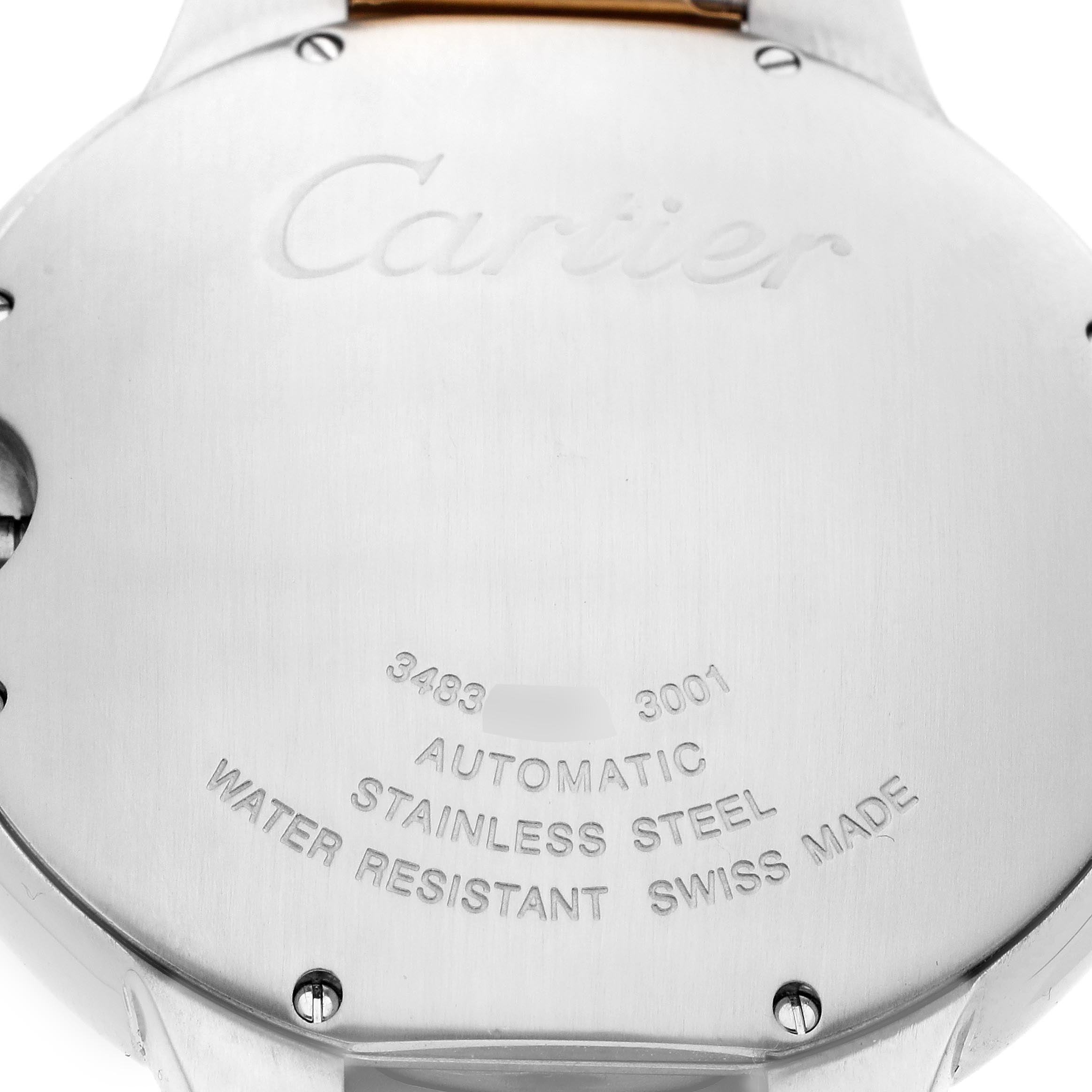 The image shows the back of a Ballon Bleu de Cartier watch, highlighting the engraved details and material information.