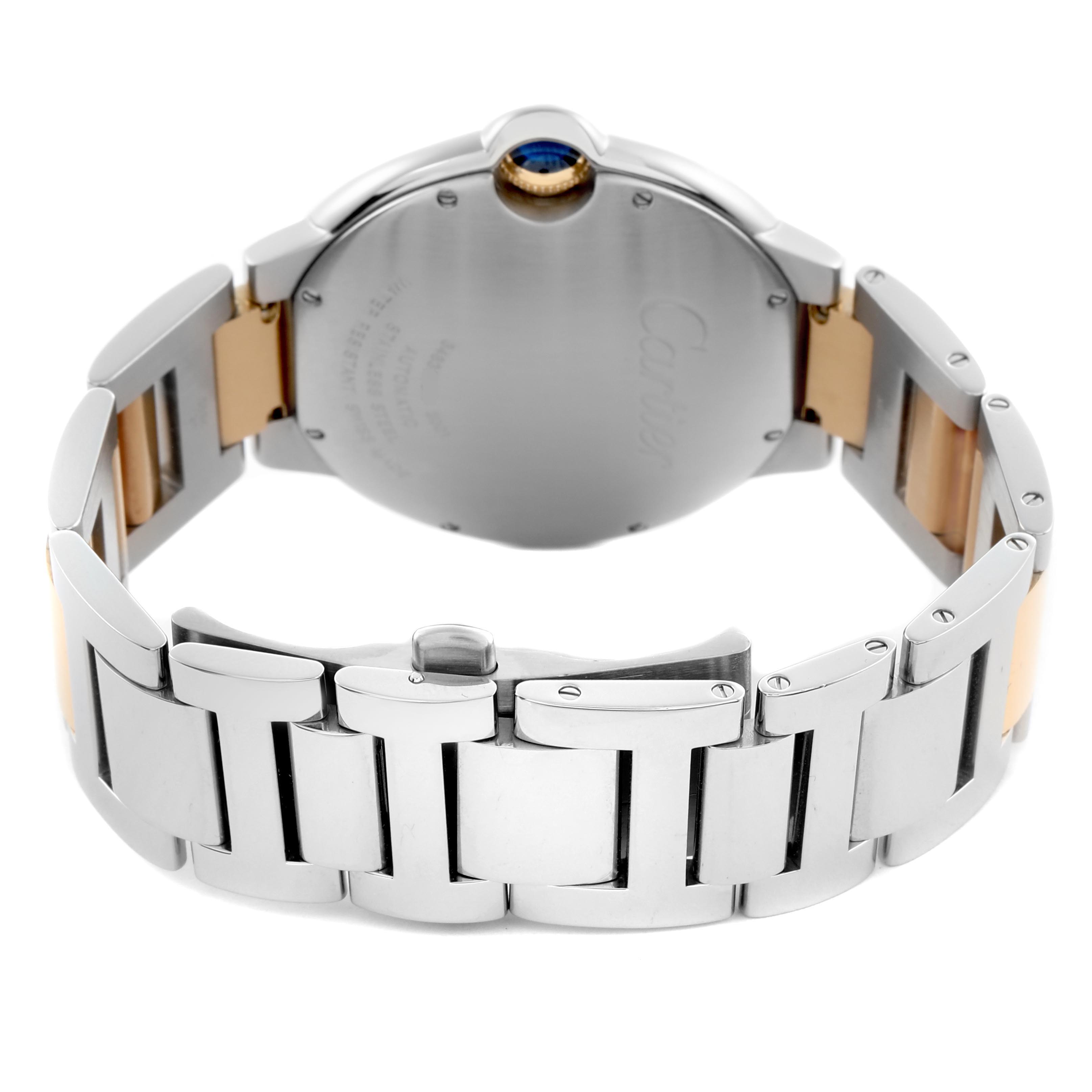 The image shows the back and bracelet of the Cartier Ballon Bleu W69009Z3 Men
s Steel and Gold (two tone) Silver Dial W69009Z3 Men
s Steel and Gold (two tone) Silver Dial watch, emphasizing the clasp and case back.
