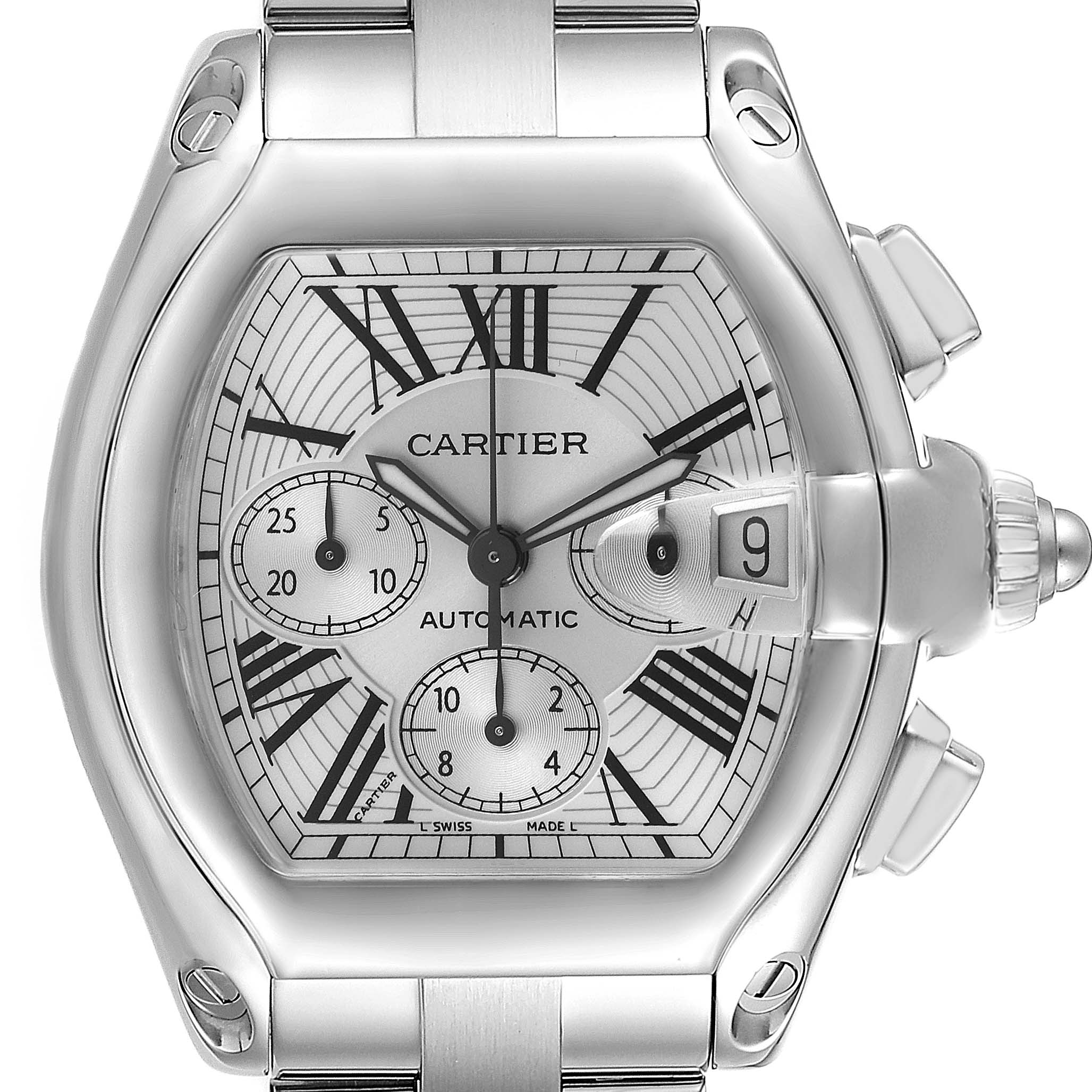 The Cartier Roadster W62019X6 Men
s Stainless Steel Silver Dial W62019X6 Men
s Stainless Steel Silver Dial watch is shown from a frontal angle, highlighting the dial, crown, and pushers.