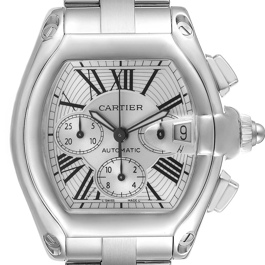 The Cartier Roadster watch is shown from a frontal angle, highlighting the dial, crown, and pushers.