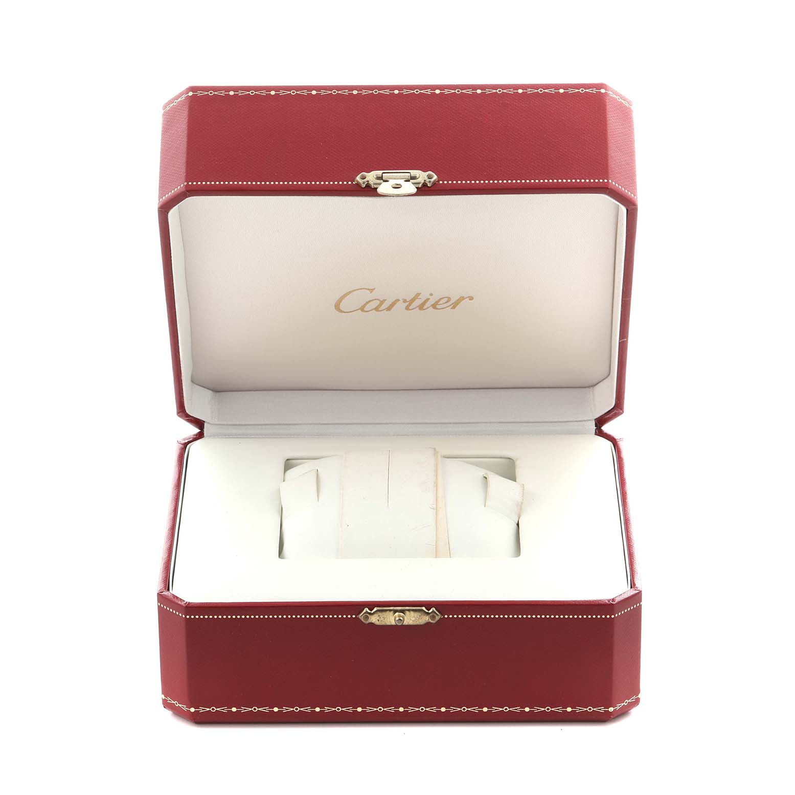 The image shows a Cartier Roadster W62019X6 Men
s Stainless Steel Silver Dial W62019X6 Men
s Stainless Steel Silver Dial watch box open, displaying the interior with space for the watch.