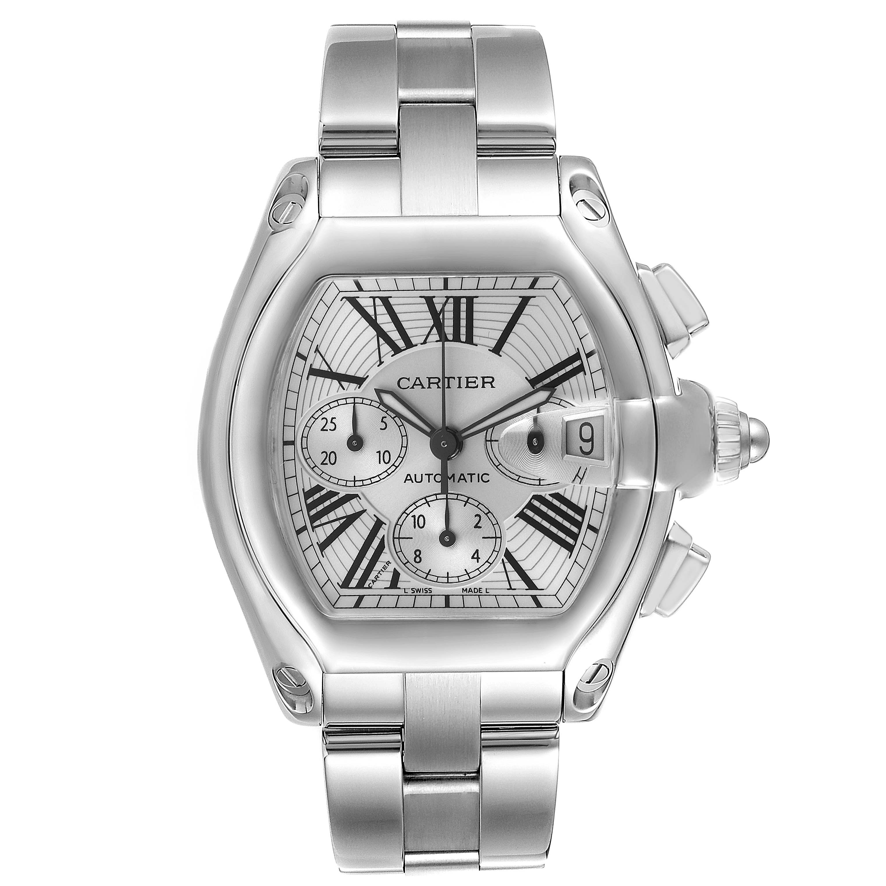 The Cartier Roadster W62019X6 Men
s Stainless Steel Silver Dial W62019X6 Men
s Stainless Steel Silver Dial watch is shown from the front, displaying the face, bezel, crown, pushers, and bracelet.