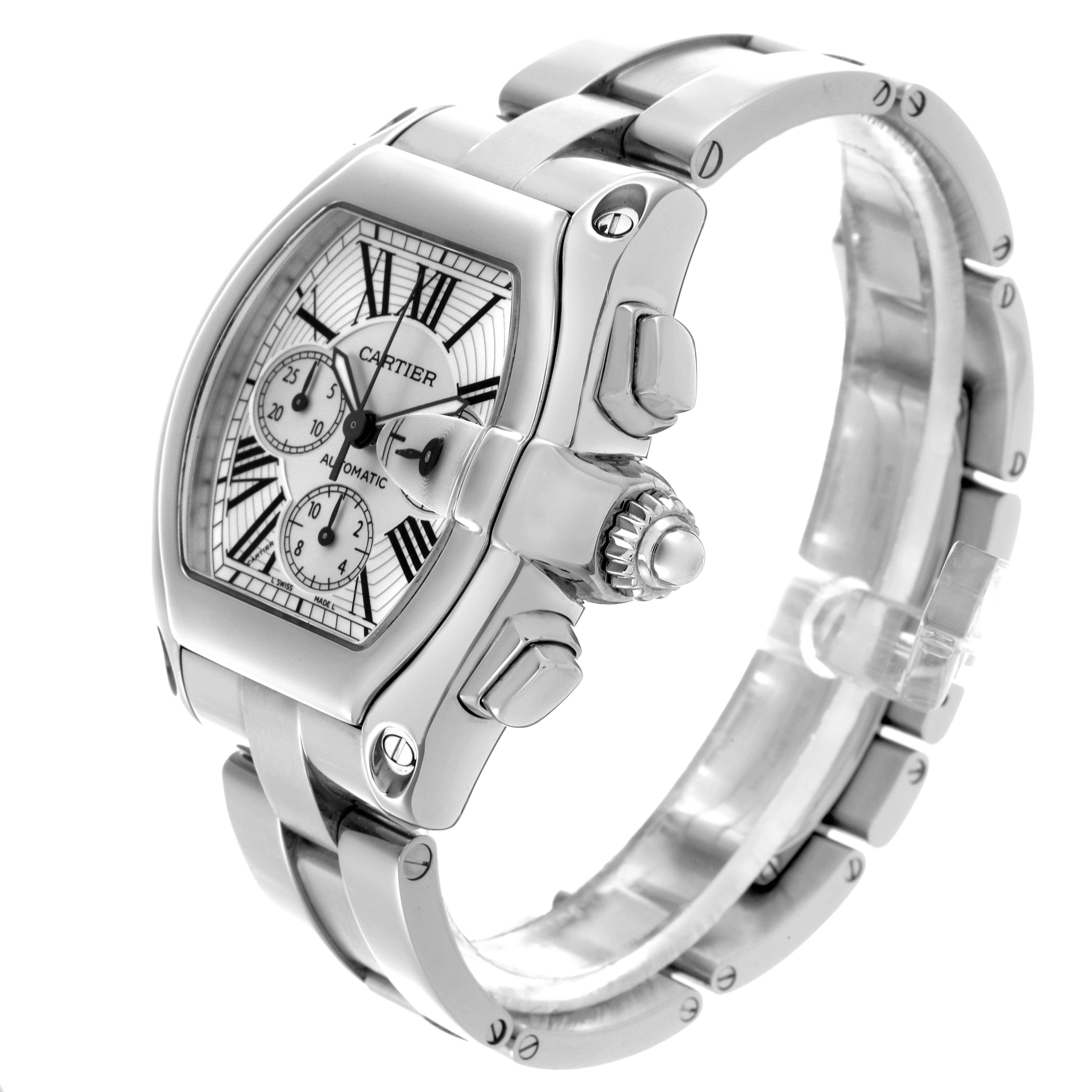 The Cartier Roadster W62019X6 Men
s Stainless Steel Silver Dial W62019X6 Men
s Stainless Steel Silver Dial watch is shown at an angled side view, highlighting the crown, pushers, dial, and stainless steel bracelet.