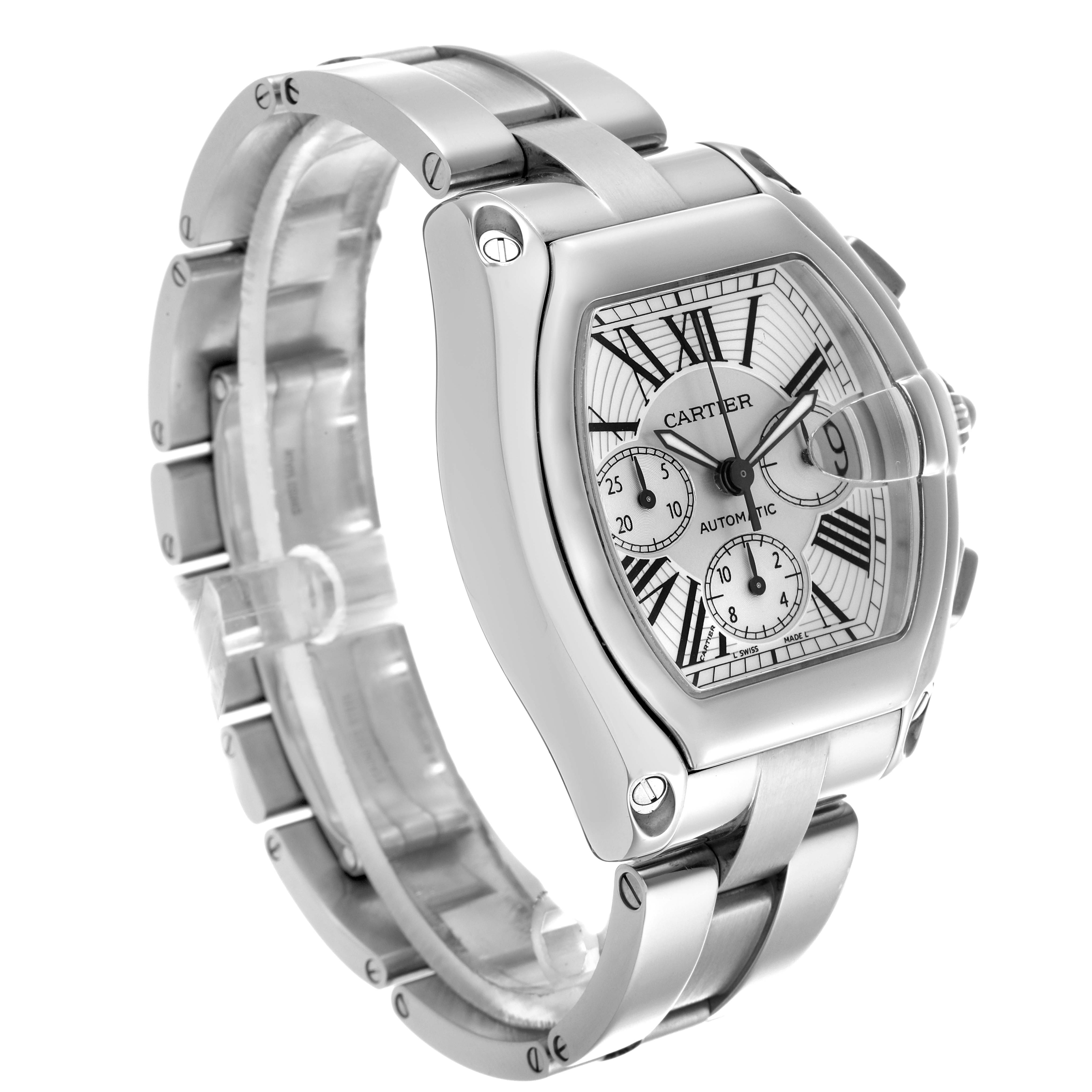 The Cartier Roadster W62019X6 Men
s Stainless Steel Silver Dial W62019X6 Men
s Stainless Steel Silver Dial watch is shown at a three-quarter angle, highlighting its face, bezel, and bracelet.