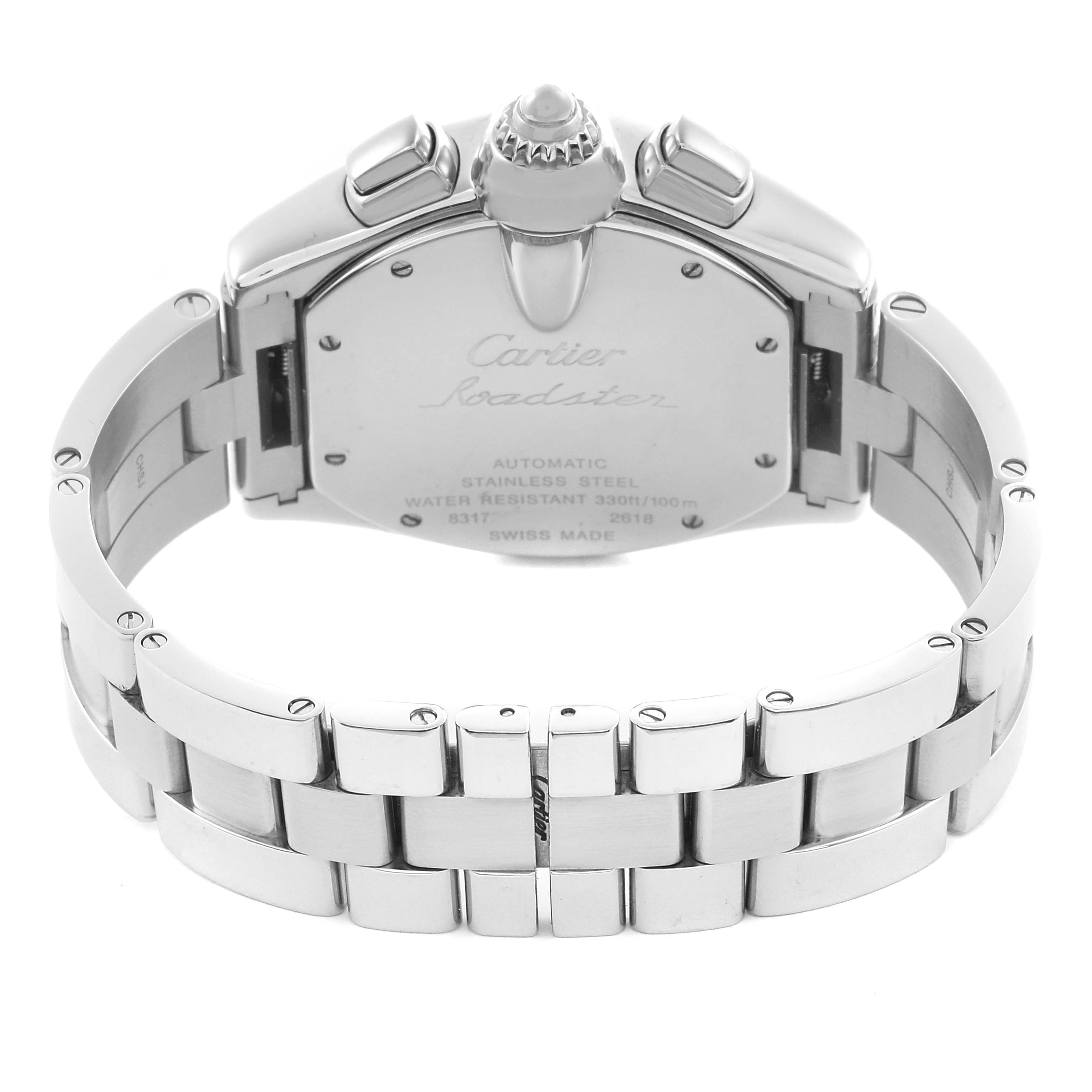 The image shows the back view of the Cartier Roadster W62019X6 Men
s Stainless Steel Silver Dial W62019X6 Men
s Stainless Steel Silver Dial watch, highlighting its stainless steel case and bracelet.