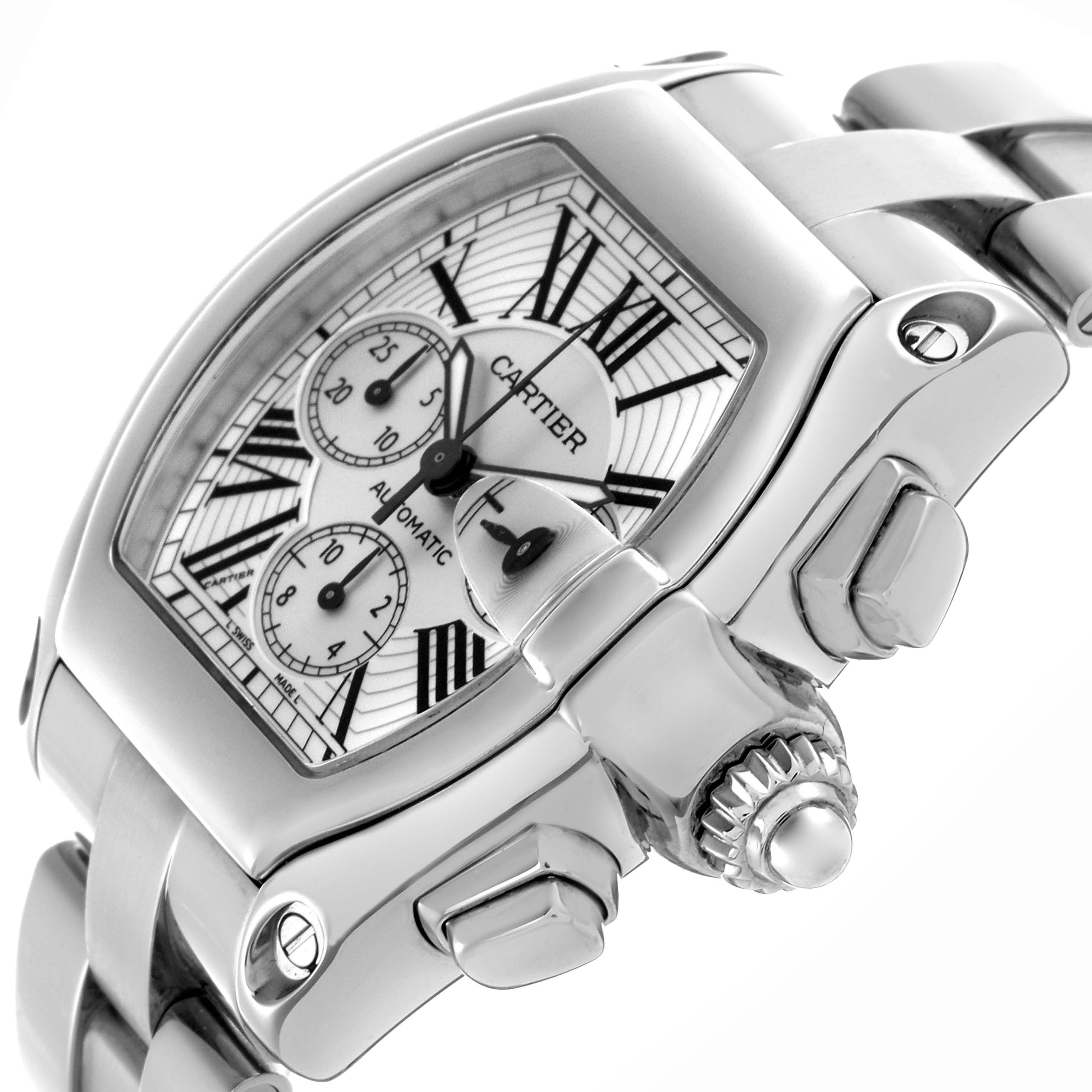 The Cartier Roadster W62019X6 Men
s Stainless Steel Silver Dial W62019X6 Men
s Stainless Steel Silver Dial watch is shown at a slight angle highlighting its dial, crown, and stainless steel bracelet.