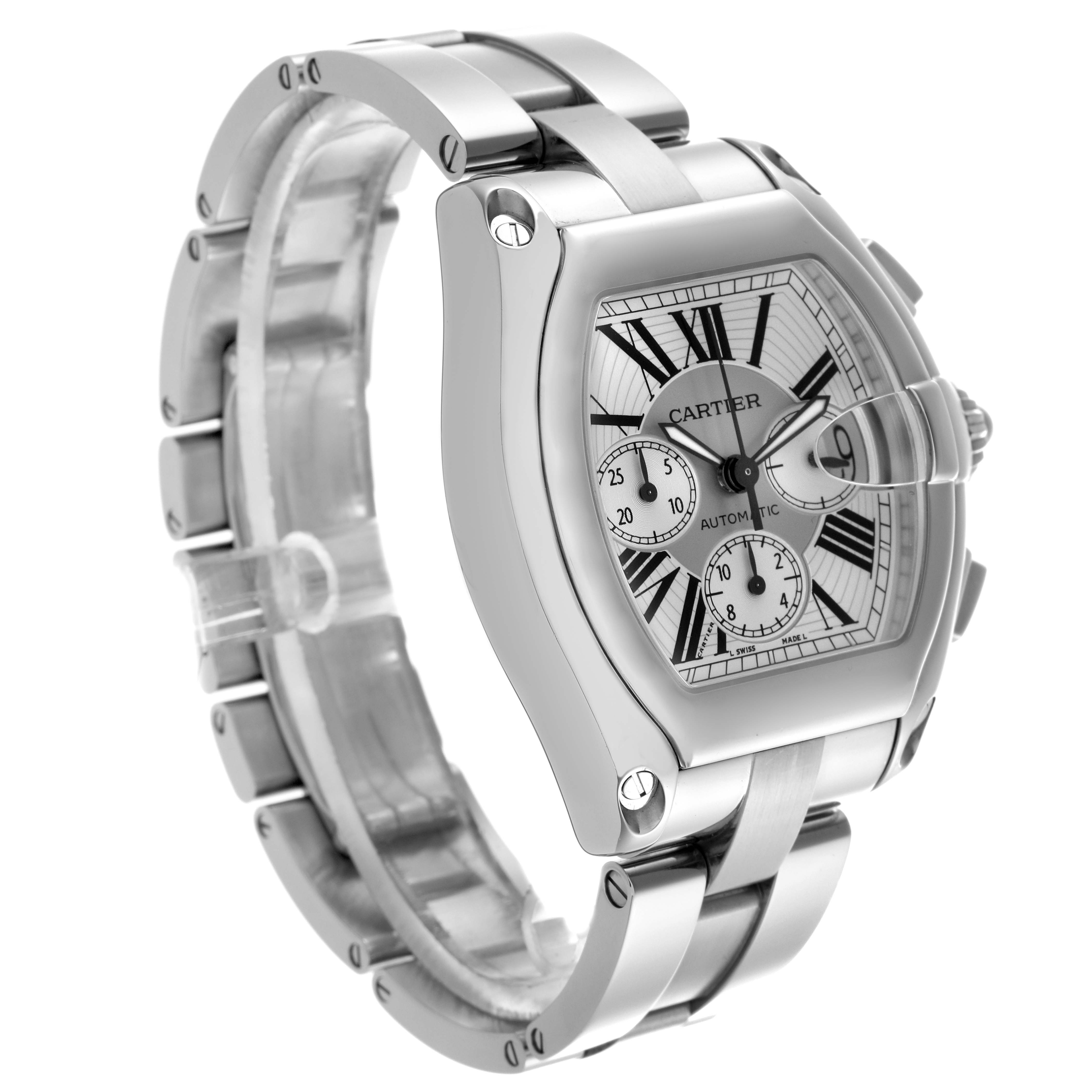 The Cartier Roadster W62019X6 Men
s Stainless Steel Silver Dial W62019X6 Men
s Stainless Steel Silver Dial watch is shown at a three-quarter angle, highlighting its face, bezel, and bracelet.